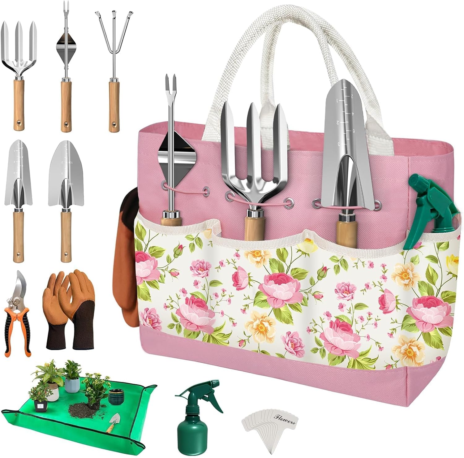22PCS Garden Tools Set for Women,Mothers Day Garden Gifts for Mom Beginner,Heavy Duty Hand Tool Kit Gardening Supplies Included Handy Tote Bag/Trowel/Repotting Mat/Rake/Pruner/Gloves/Plant Tags -Pink