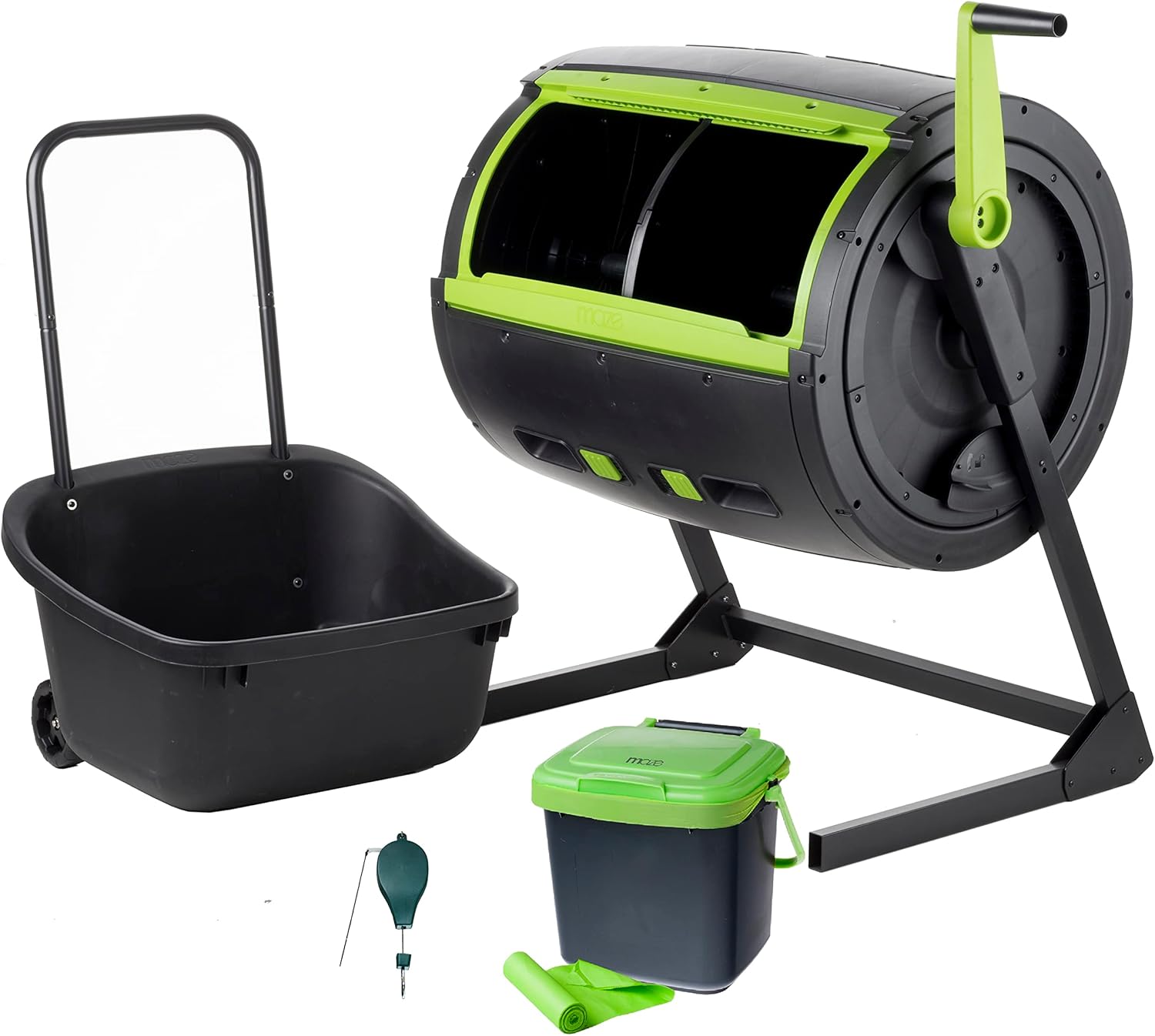 MAZE Two Stage 65 gal Compost Tumbler with Large Double Doors and Open Frame and Comes with Maze Compost Cart, 1.85 Gal Kitchen Caddie Compost Bin, 3 Rolls of Corn Bags and a Retractable Plant Caddie