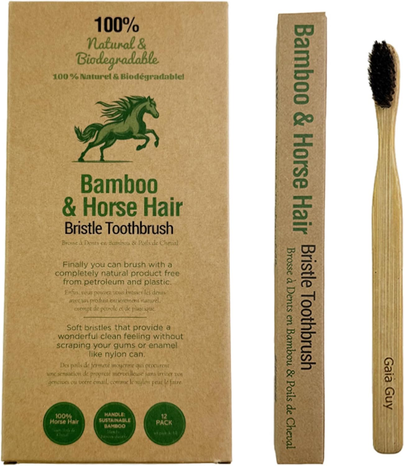 Gaia Guy Soft Natural Bristle Bamboo Toothbrush (NO Nylon – Horse Hair ONLY) – Totally Compostable & Biodegradable Soft Horsehair Bristle and Bamboo Toothbrushes – Zero Waste & Plastic-Free