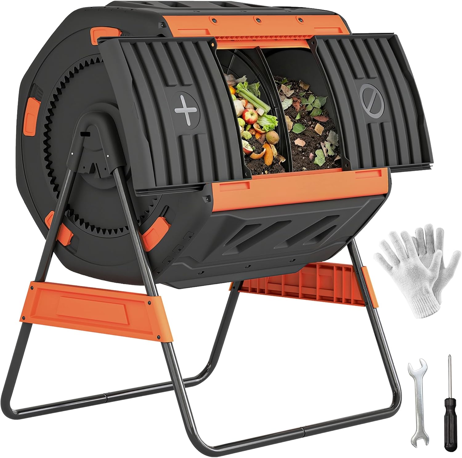 Outsunny Compost Bin Outdoor, 53 Gal Dual Chamber Compost Tumbler with 8 Adjustable Vents, BPA Free Rotating Tumbling Composter with 2 Sliding Doors and Metal Frame for Kitchen, Garden, Yard, Orange