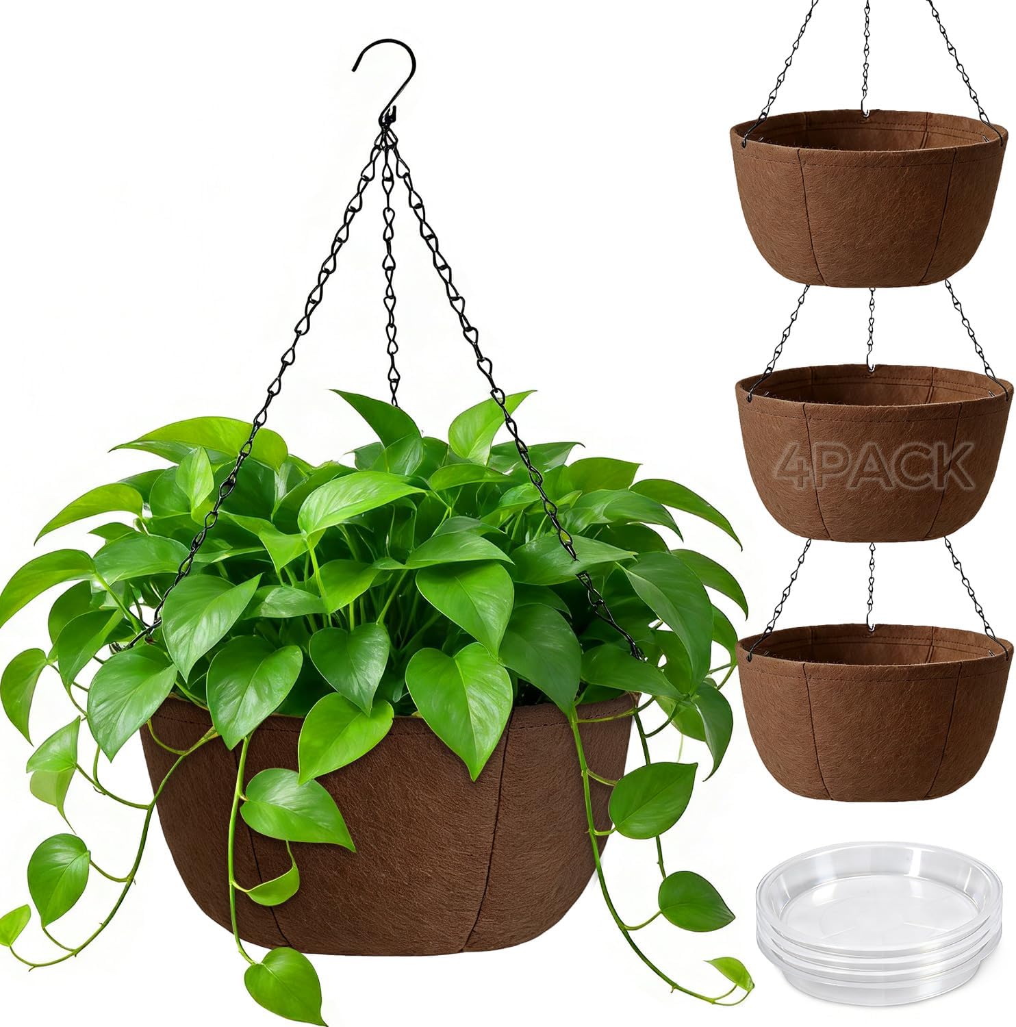 T4U Hanging Planters for Outdoor Plants, 10 Inch 4 Pack Fabric Hanging Baskets with Drainage Tray, Decorative Hanging Pots for Plants Outdoor Patio Porch Garden Use（Brown）