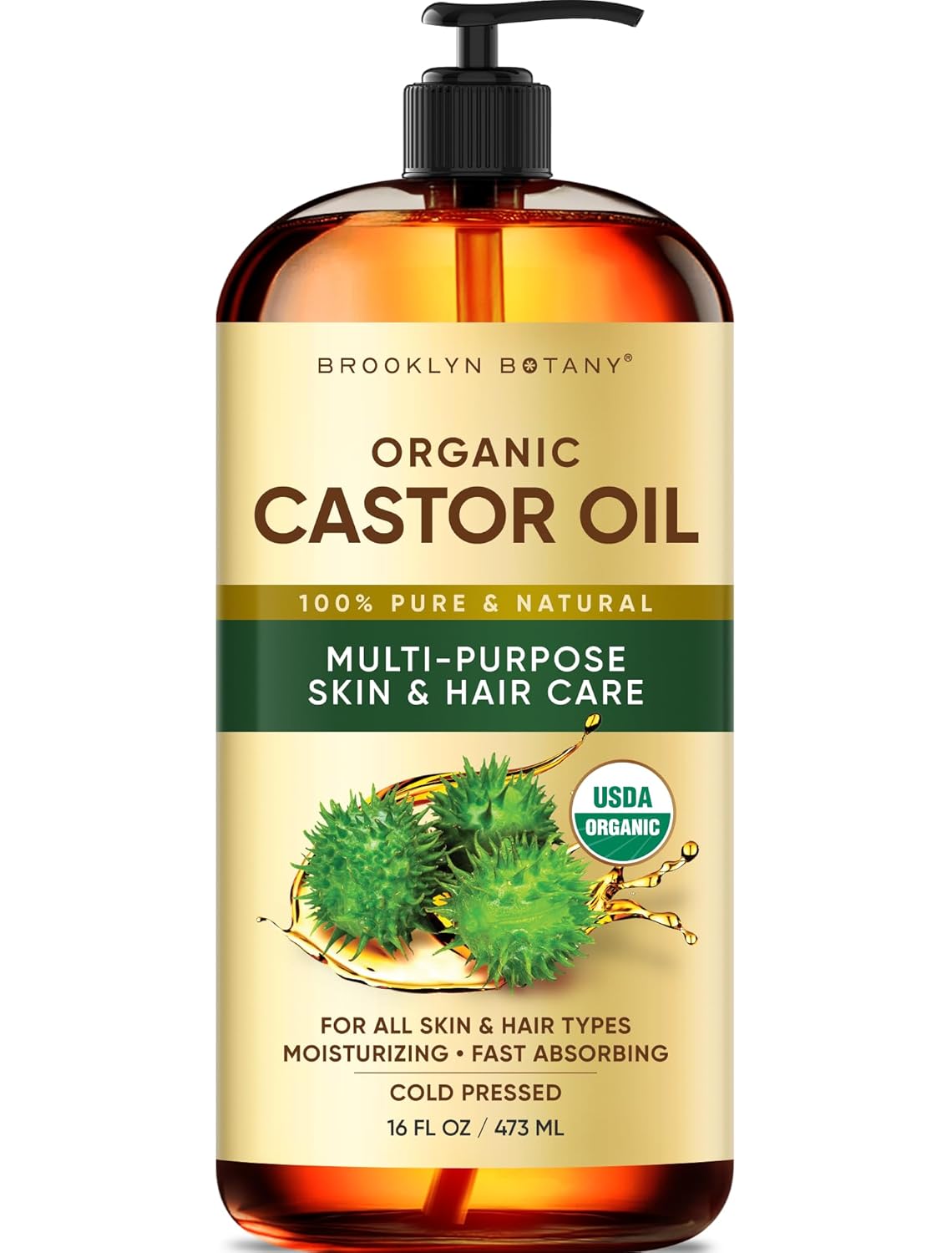 Brooklyn Botany Cold-Pressed Organic Castor Oil | for Hair, Skin and Face | 16 Fl Oz | 100% Pure and Natural | Carrier Oil for Essential Oils, Aromatherapy and Massage | Hexane Free