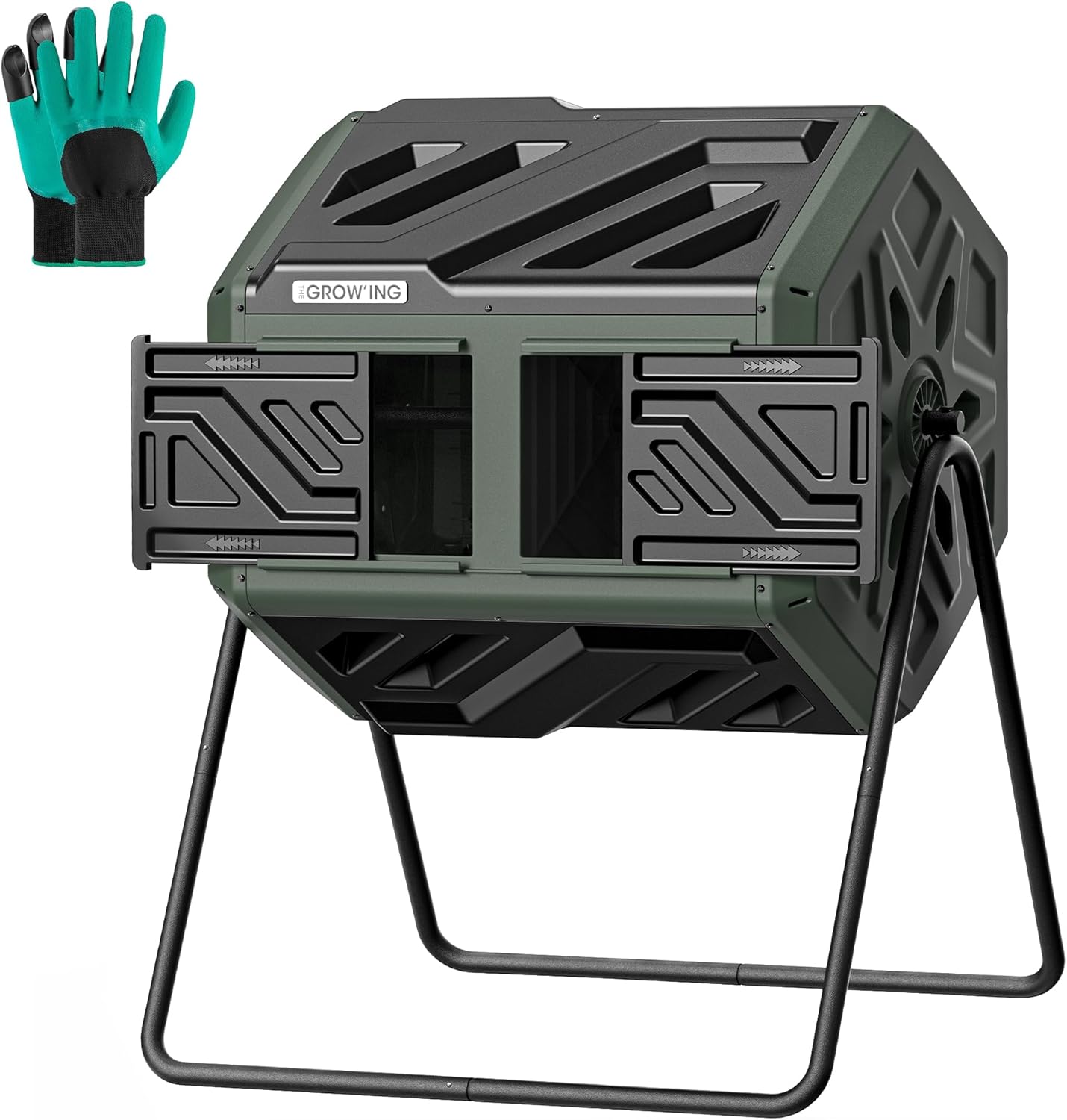 THEGROW’ING 43 Gallon Dual Chamber Compost Bin with Built-in Nuts, Outdoor Rotating Composter Tumbler for Garden Backyard, Green