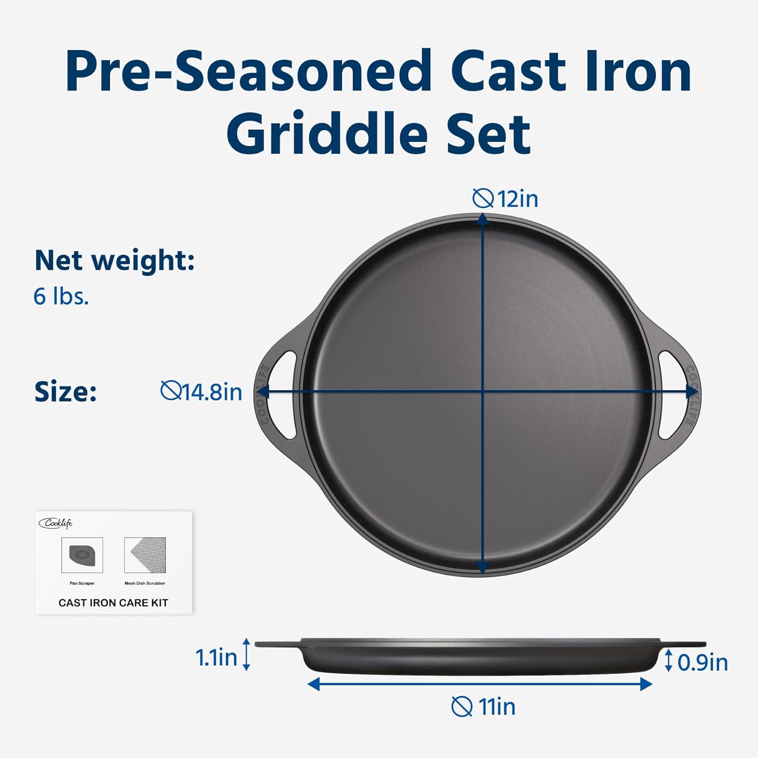 COOKLIFE 12 Inch Lightweight Pre-Seasoned Cast Iron Griddle – Smooth Polished Surface, Easy to Clean Cast Iron skillets Use in the Oven, on the Stove or Grill, Over a Campfire