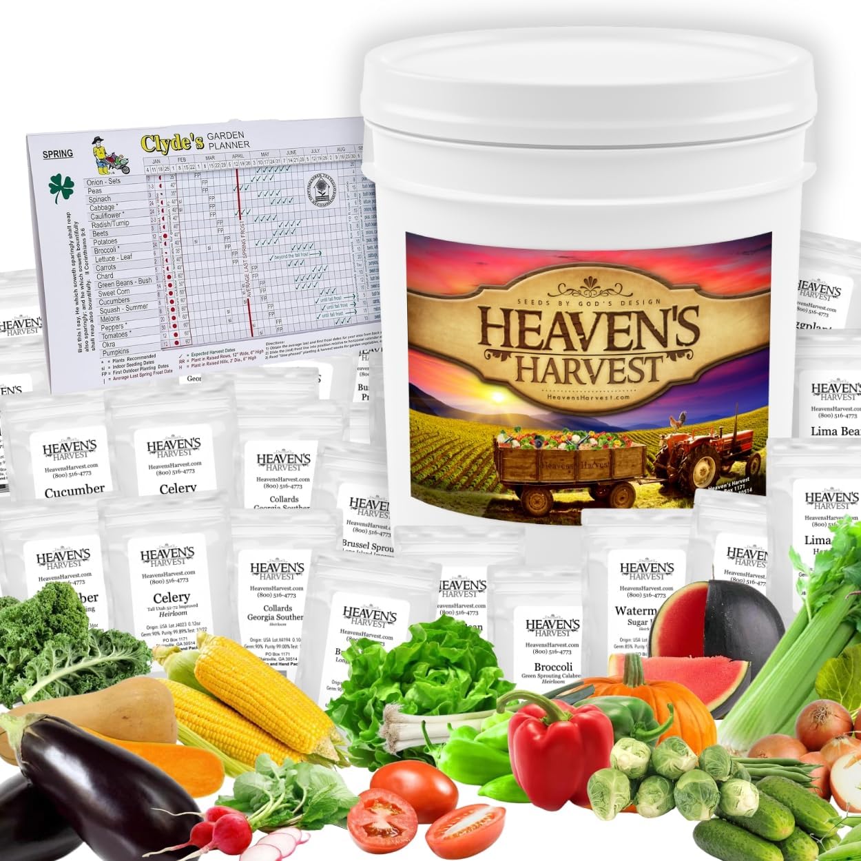 Heaven’s Harvest – 10 Year Survival Or Homestead Garden | 25k+ Heirloom Vegetable Seed Bank Kit | Includes Free Clyde’s Garden Planner & Seed Vault Storage Drum | Non-GMO