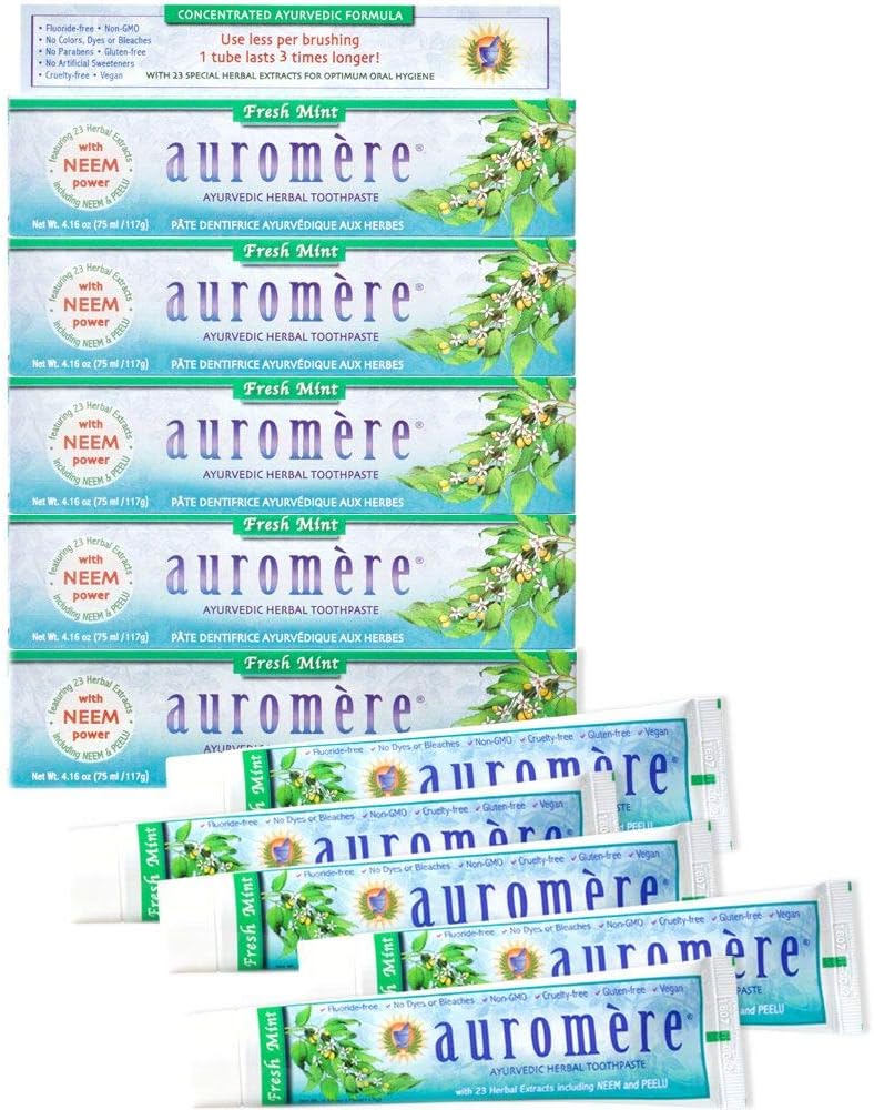 Auromere Ayurvedic Herbal Neem & Clove Toothpaste – All Natural Fluoride Free Toothpaste for Adults and Kids, Suitable for Sensitive Teeth, SLS-Free, Non GMO, Vegan, Cruelty-Free – 5 Pack