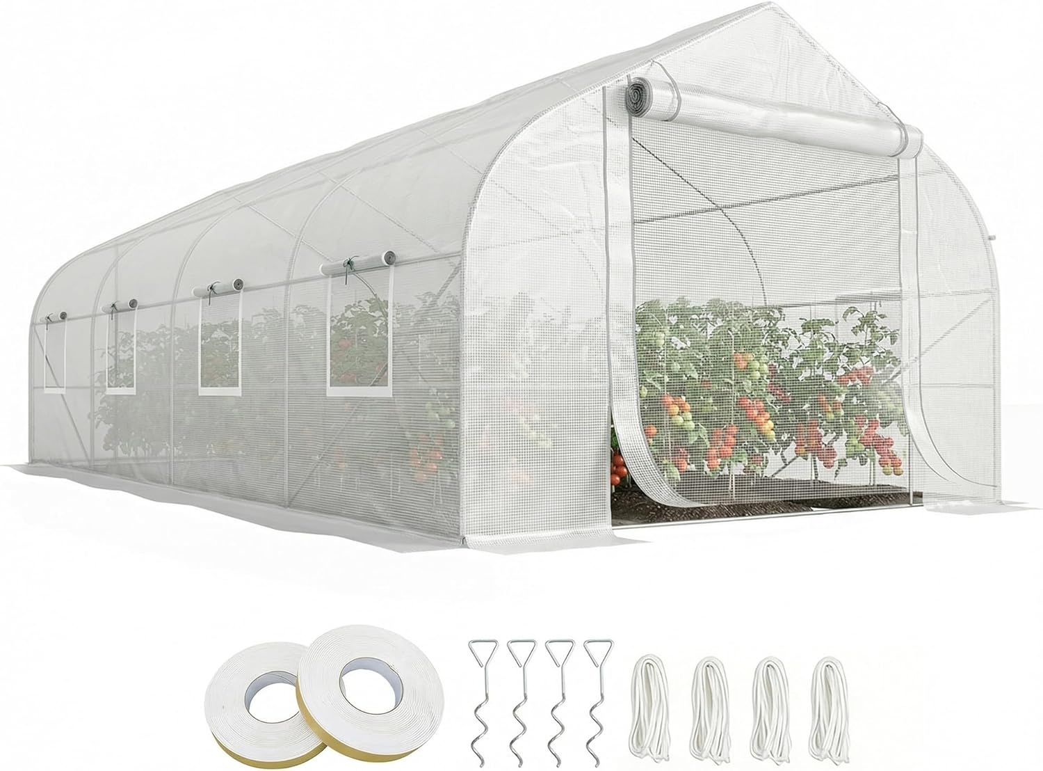 Outsunny 20′ x 10′ x 7′ Walk-in Greenhouse, Tunnel Green House with Galvanized Steel Frame, Hoop House Kit with Zippered Door and 6 Windows, White