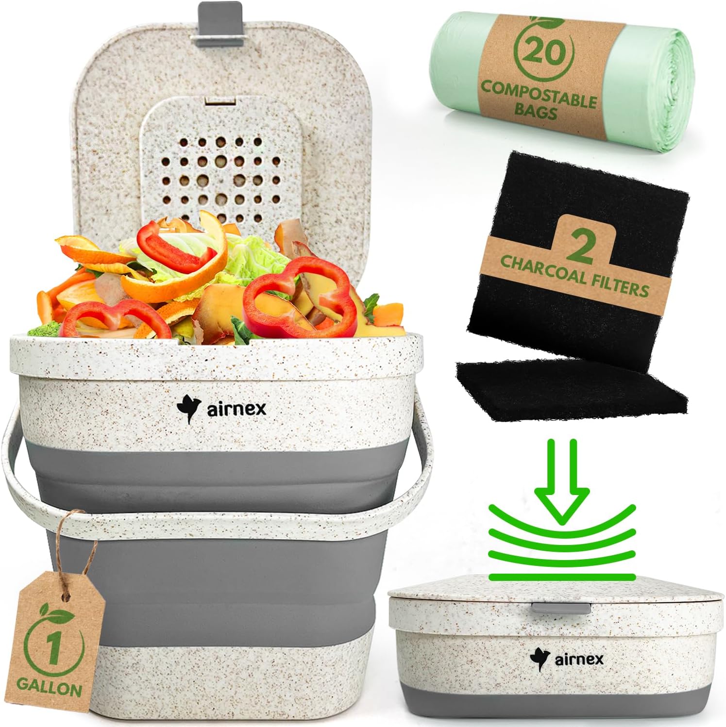 AIRNEX Collapsible Compost Bin Kitchen Counter Caddy – 1 Gallon Countertop Compost Bin with Lid Made of Wheat Straw – Odorless Kitchen Compost Bin Countertop with 20 Compost Bags and 2 Carbon Filters