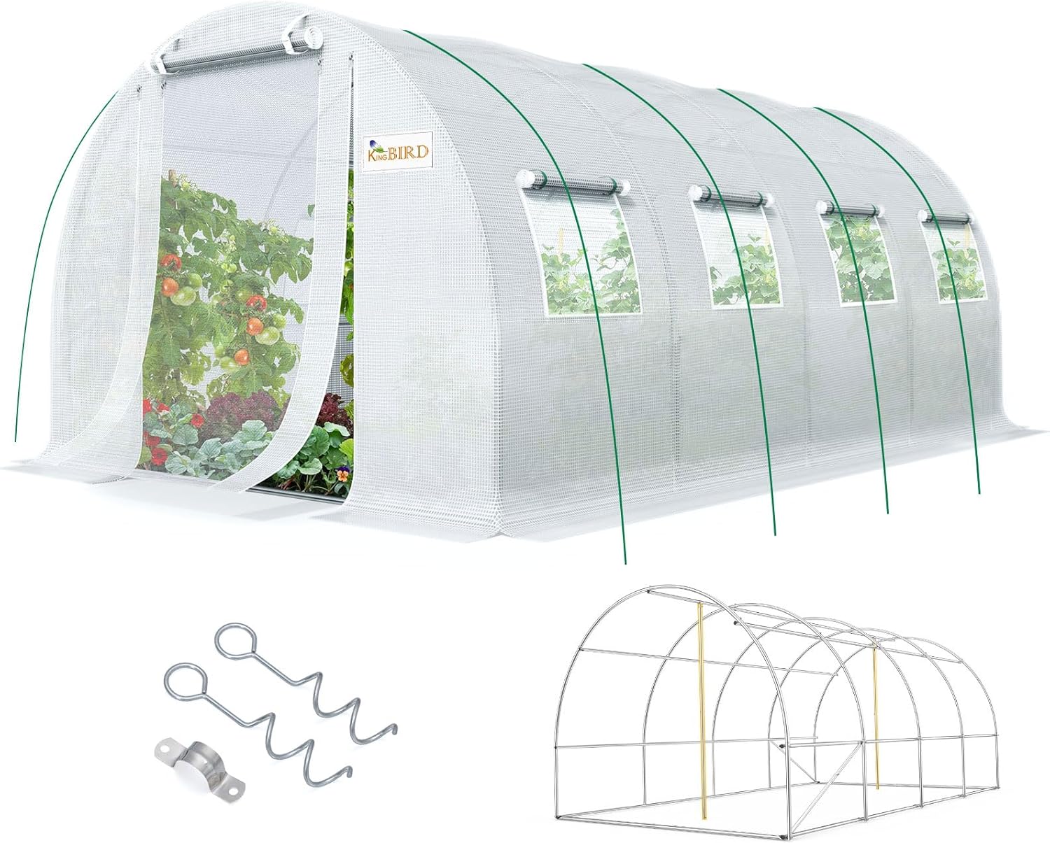 KING BIRD Premium 20x10x6.6FT Greenhouse for Outdoors, Large Walk-in Upgraded Galvanized Metal Frame, Mesh Door Screen Window Improved Zipper Tunnel Hoop for Garden Plant Winter, 2 Stiffeners, White