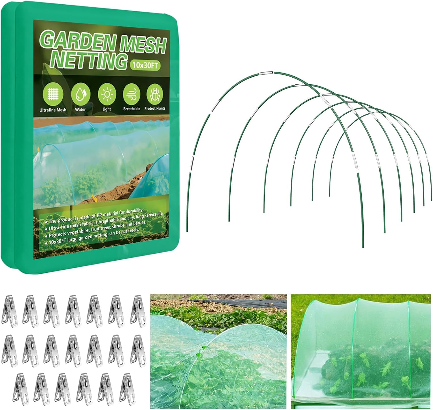 Garden Netting Kit for Raised Beds, 10x30FT Green Ultra Fine Mesh Netting ＆6 Sets of 8FT Garden Hoops, Insect Netting Row Cover Net Protect Plants Vegetable Fruits Flowers