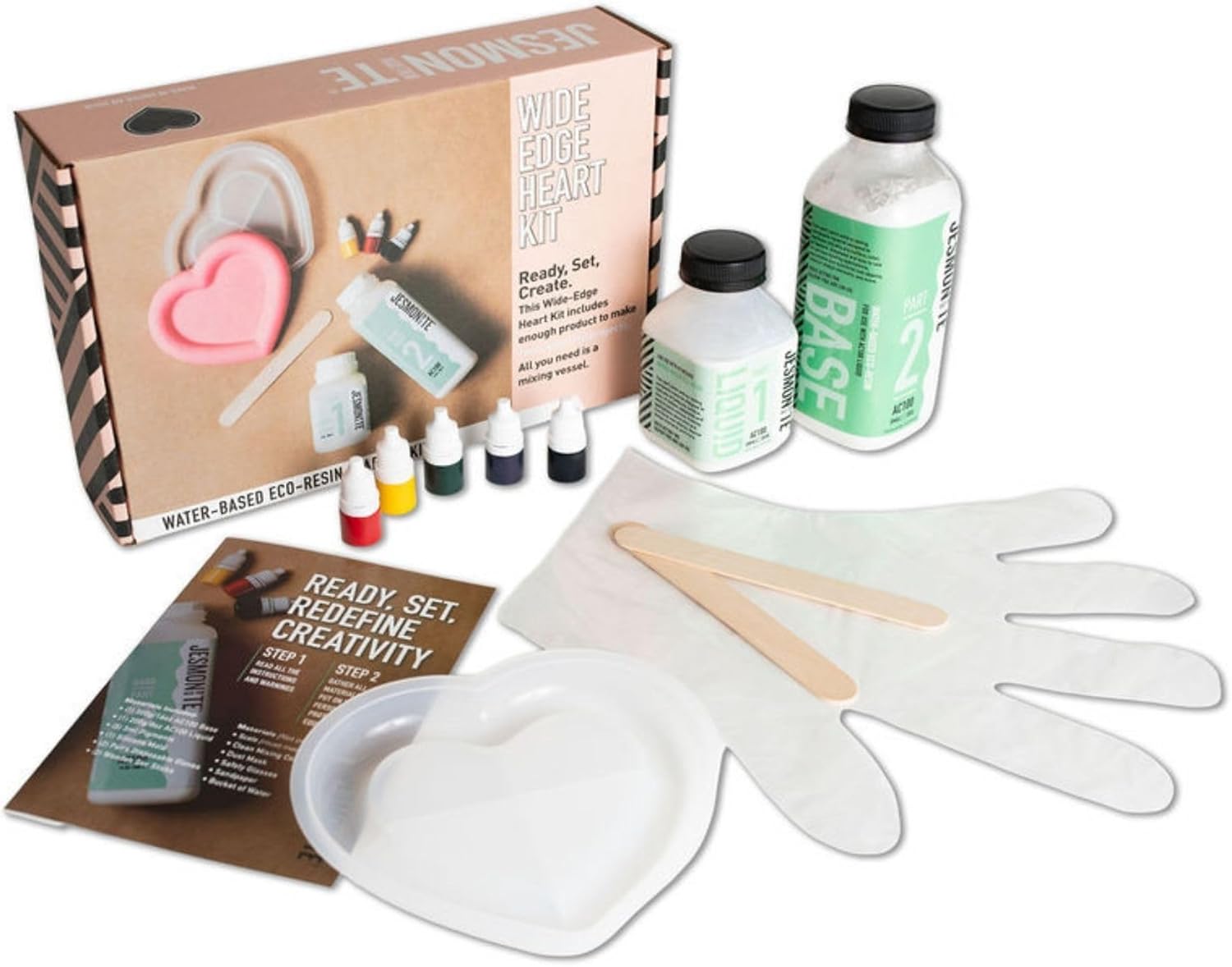Jesmonite AC100 Water-Based Eco-Resin Beginner Friendly Starter Kit with 700g Two-Part Resin Set, Five Pigment Colors, One Reusable Silicone Mold, Makes 2 Wide-Edge Heart Tray Projects