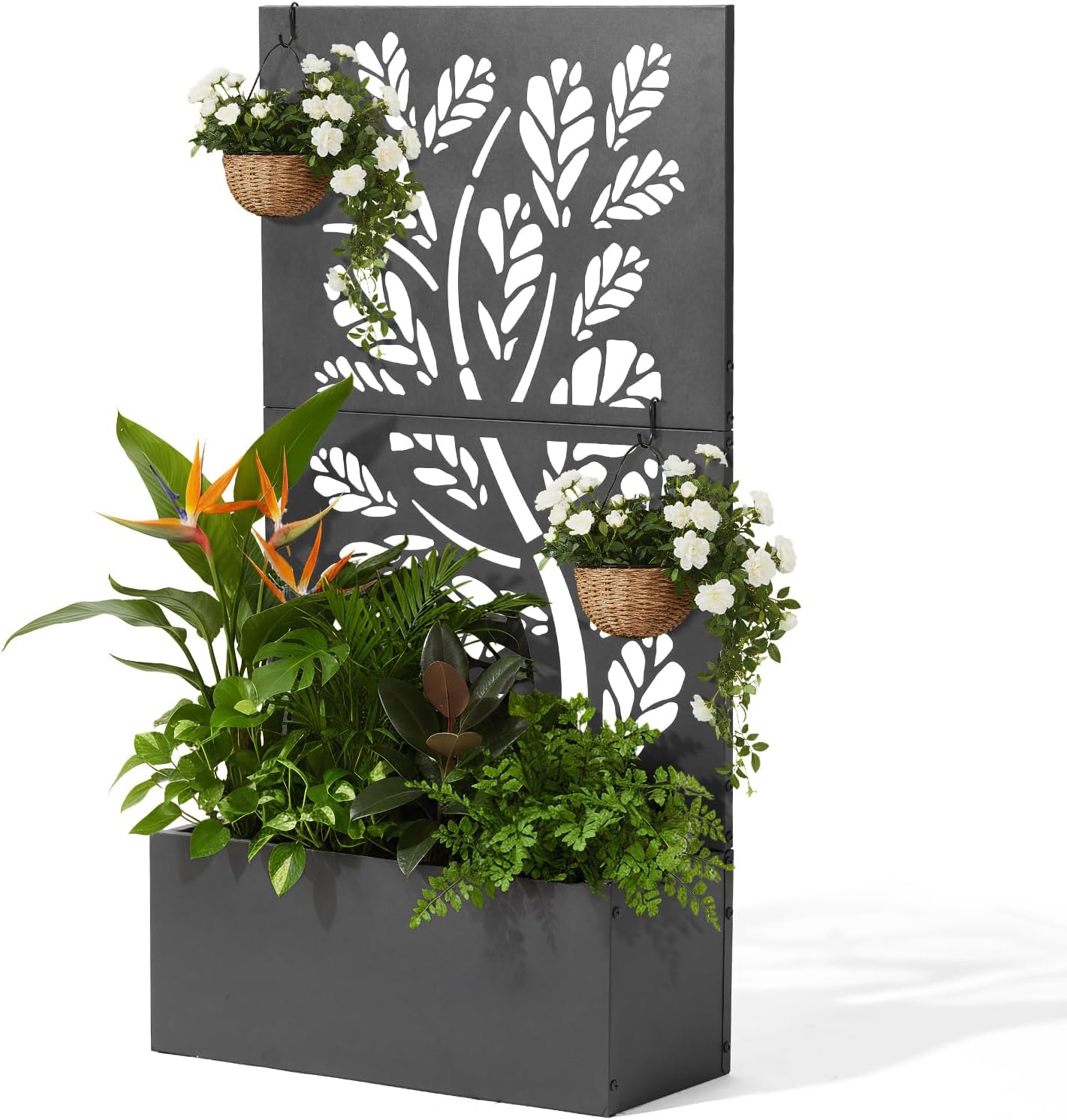 VINGLI Metal Raised Garden Bed with Trellis, Outdoor Planter Box for Climbing Vegetables, Fruits and Flowers, Privacy Screen, for Backyard, Patio, Balcony (Tropical)