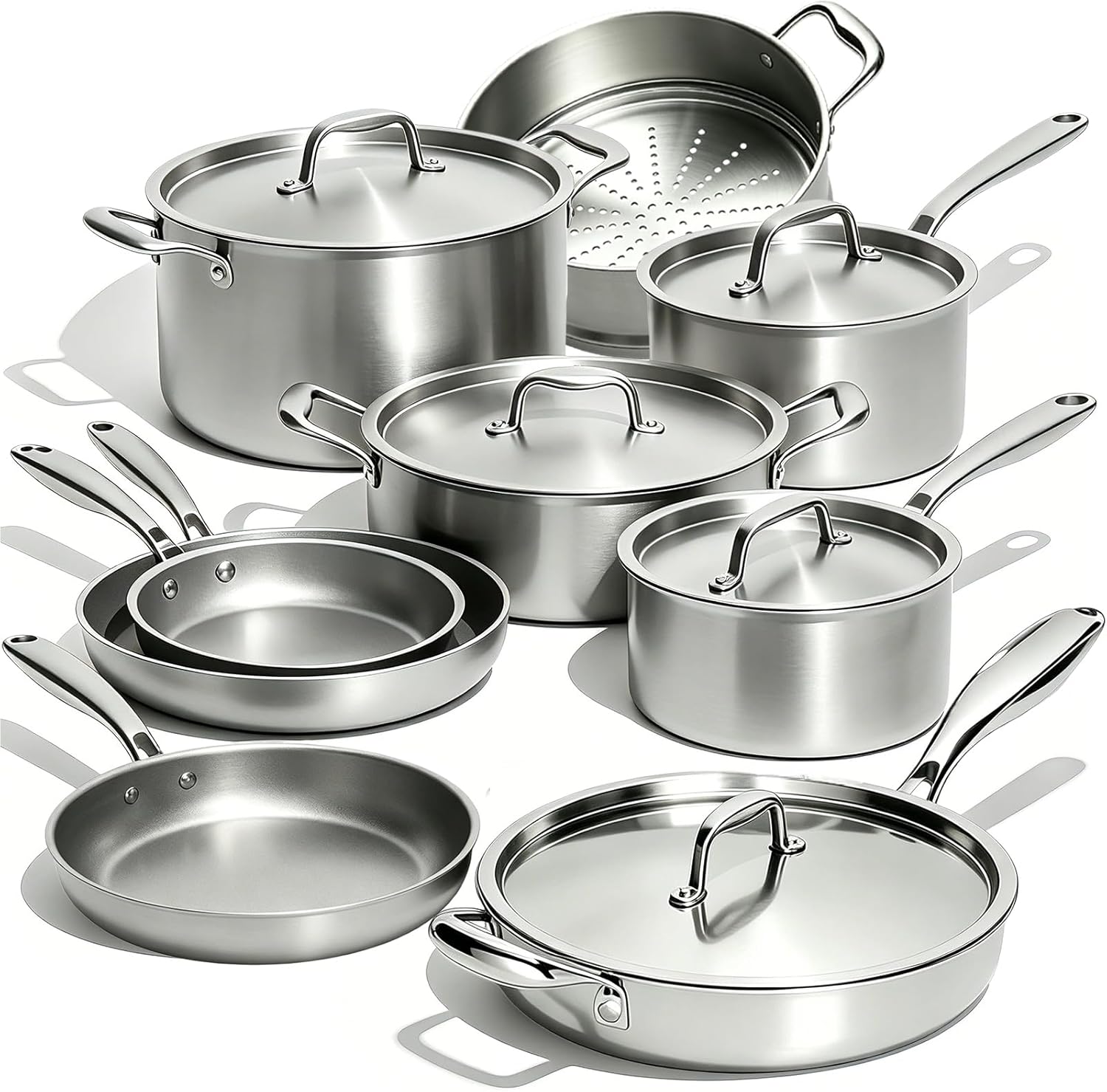 Umite Chef Stainless Steel Cookware Set, 5 Ply 14 Piece Stainless Steel Pot and Pan Set-Induction, Heavy Chef Quality, Oven Safe | Professional Kitchen Cooking Appliances, PFOA, PTFE & PFOS Free