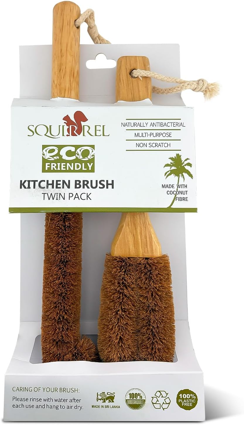 Eco-Friendly Kitchen Cleaning Brush (Twin Pack) – Wood Dish Brush with Coconut Fiber Bristles & Wooden Handle. Kitchen Brush for Bottles, Jars, Mugs, Glassware, and Cup Brush Cleaner