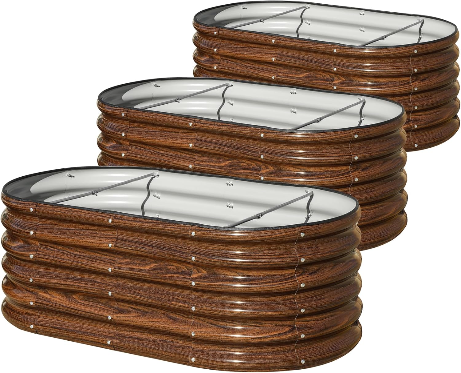 SnugNiture 3 Pcs 4x2x1.5ft Raised Garden Bed Outdoor, 17″ Tall Galvanized Metal Planter Box, Oval Raised Garden Bed Kit for Planting Vegetables Plants Fruits, Brown