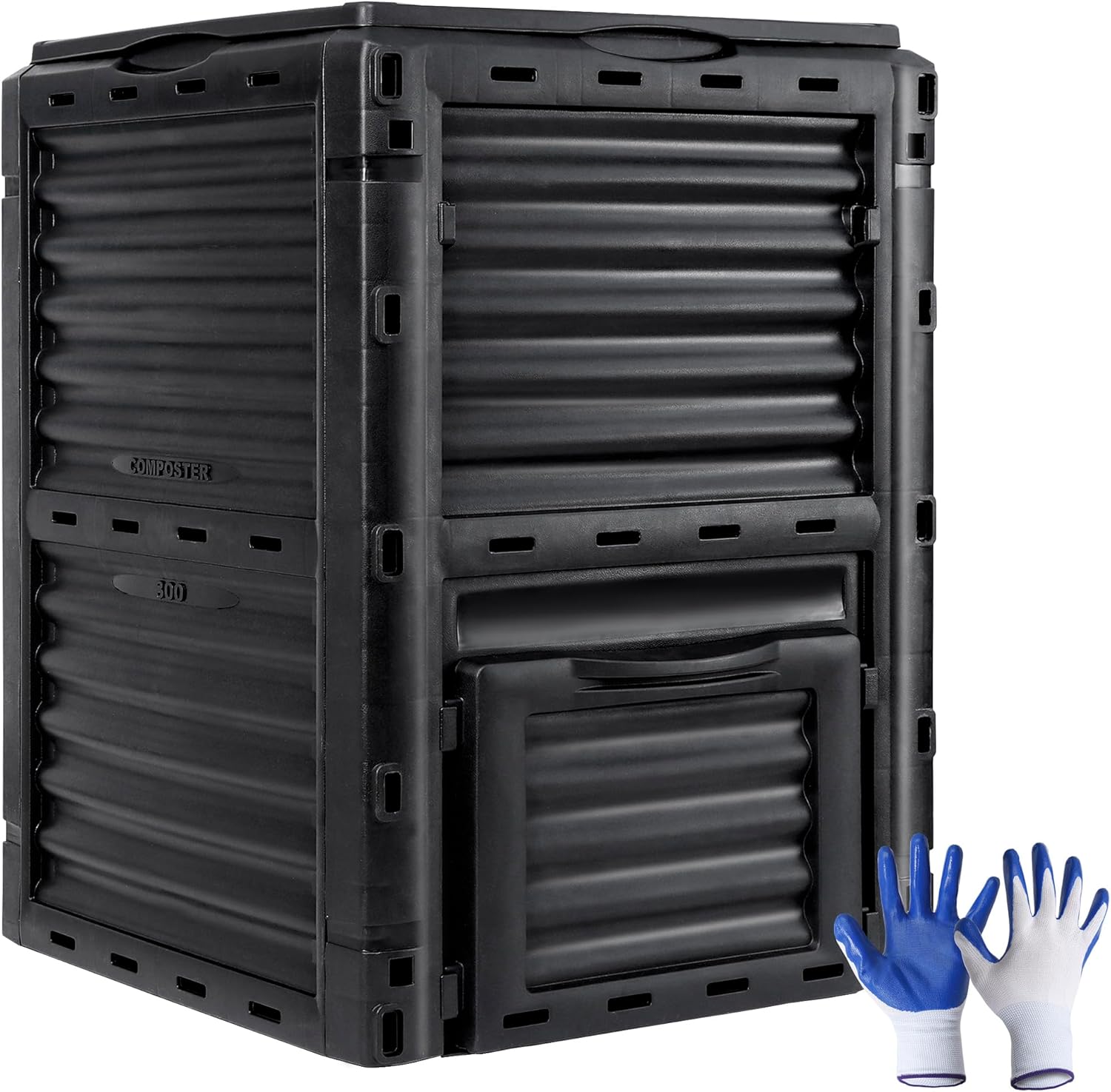 JupiterForce Garden Compost Bin 80 Gallon (300 L) from BPA Free Material, Large Composting Bin Outdoor Composter with Gloves, Easy Assembling, Fast Creation of Fertile Soil, Lightweight, Black