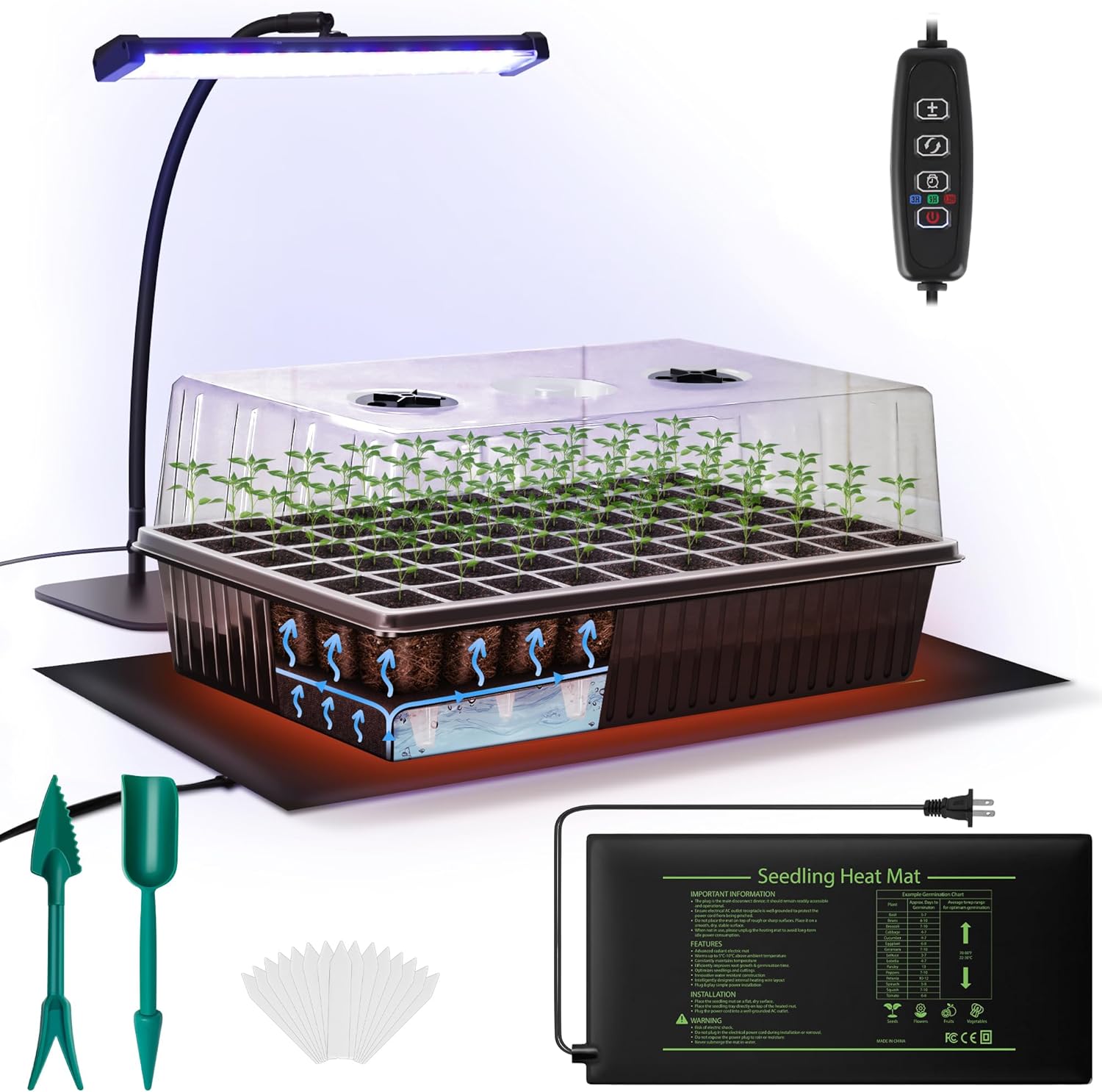 DazSpirit 60-Cell Self-Watering Seed Starter Kit with Grow Light and Heat Mat, Seedling Tray with Humidity Dome, Indoor Plant Germination Tray for Beginners – Grow Tomatoes, Peppers, Herbs & Flowers