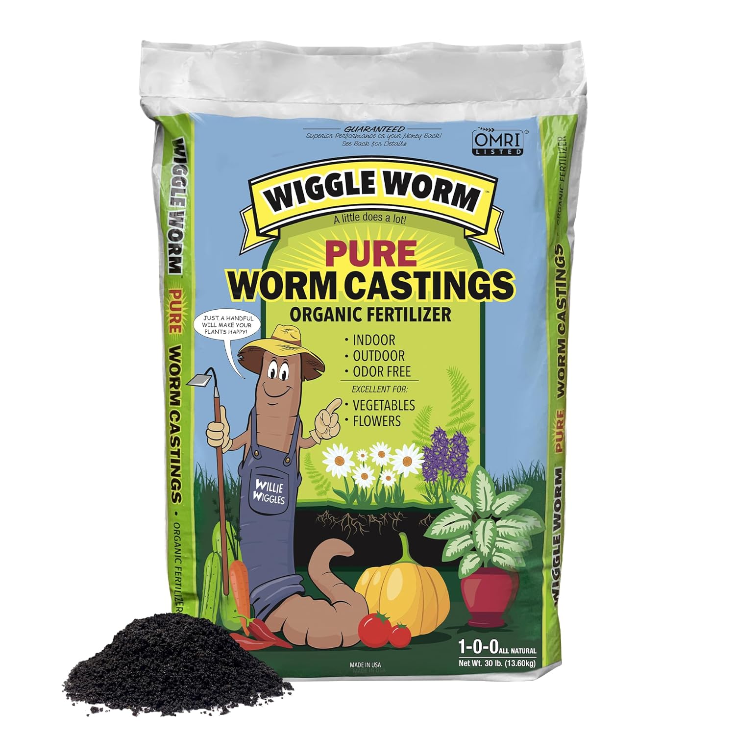 Wiggle Worm 100% Pure Organic Mineral-Dense Worm Castings Fertilizer, 30lbs – Improves Soil Fertility and Aeration for Growing Better Houseplants, Vegetables, and More