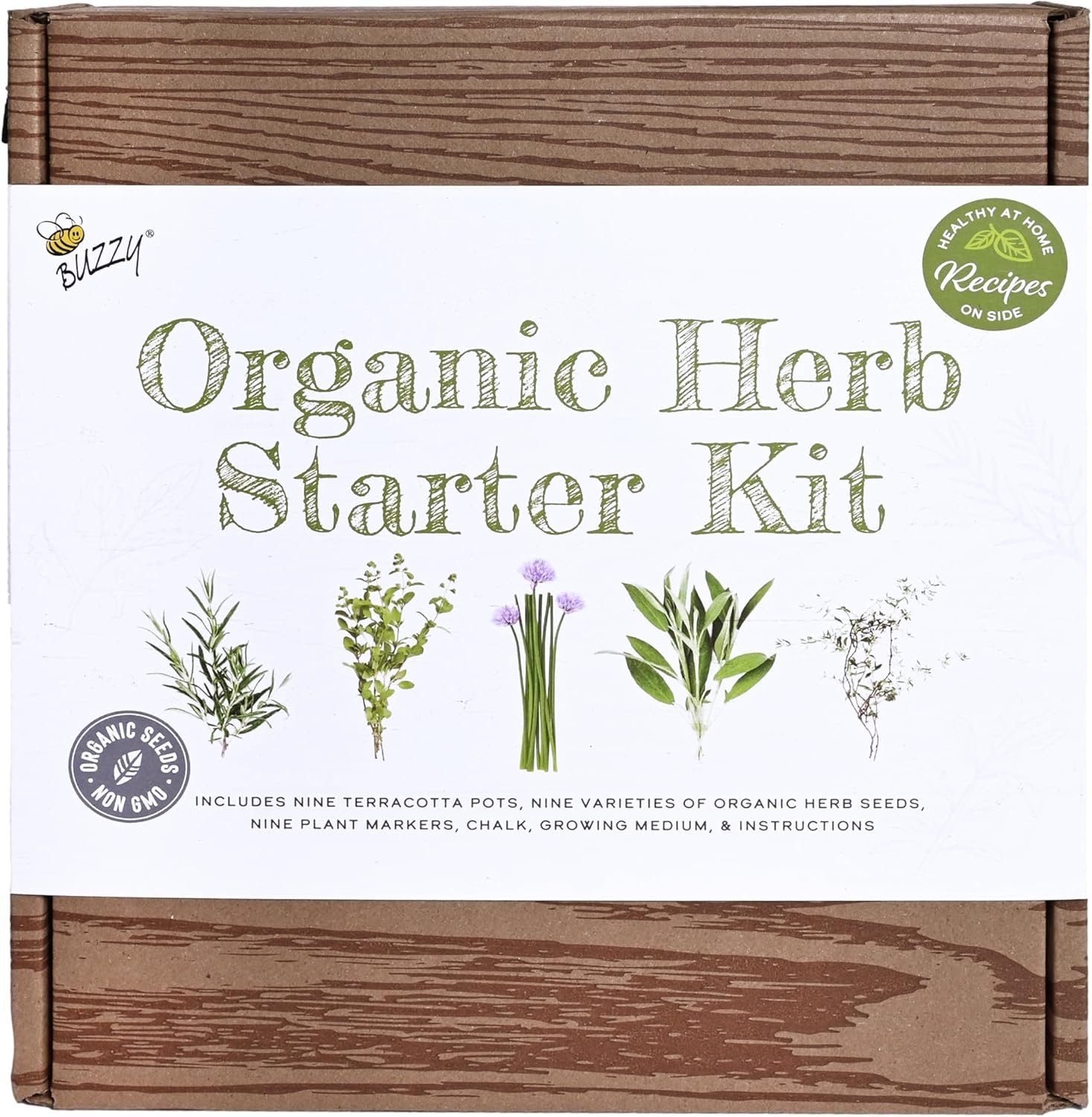Buzzy Organic Herb Starter Kit – 9 Terracotta Pots, Organic Seeds & Soil Pellets – Indoor Herb Garden Kit with Plant Markers, Chalk & Instructions – Grow Fresh Basil, Parsley, Cilantro & More