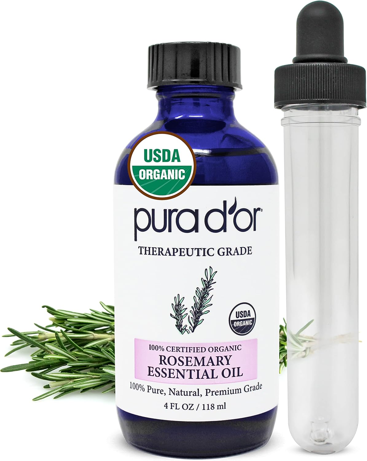 PURA D’OR Organic Rosemary Essential Oil, 4oz, Therapeutic Grade, for Hair, Body, Skin, Aromatherapy, Relaxation, Massage, Mood, Relief, Home, DIY Soap
