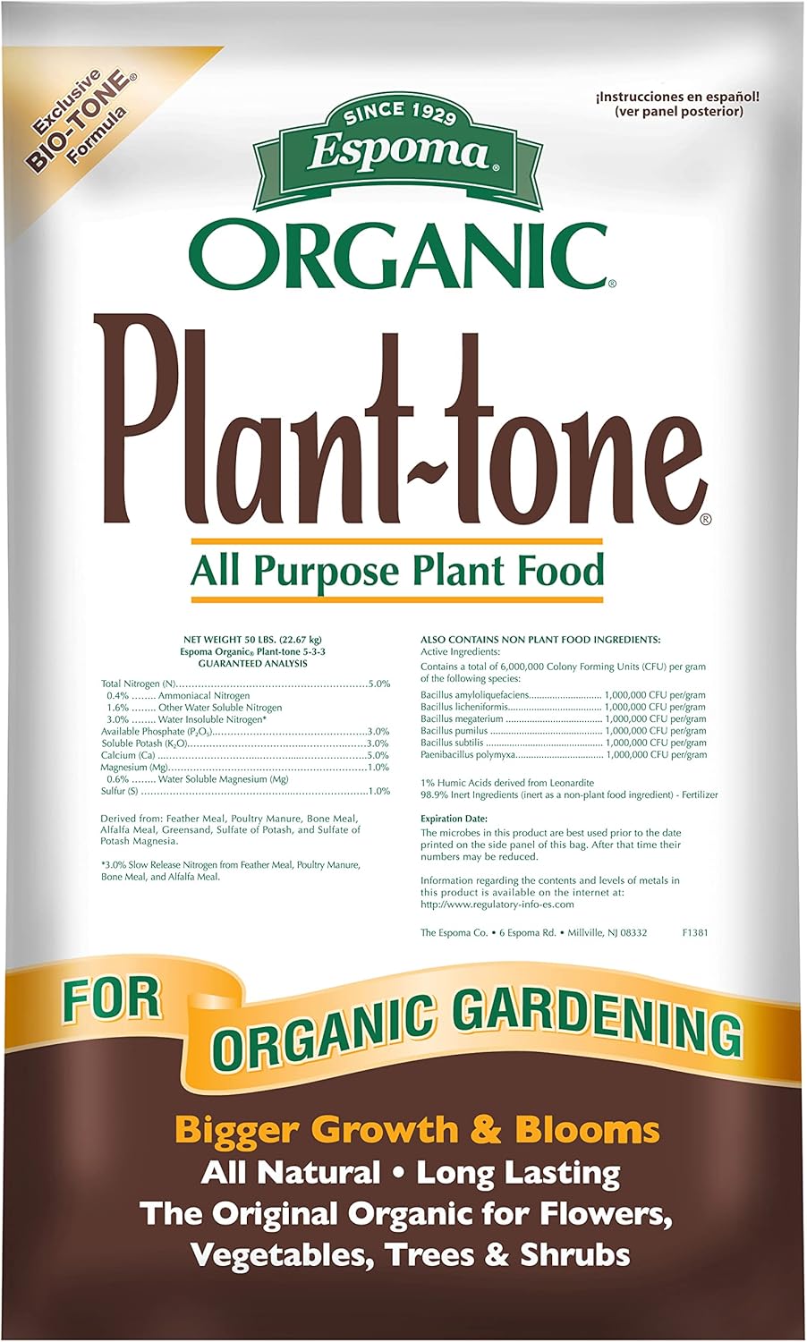 Espoma Organic Plant-Tone 5-3-3 Natural & Organic All Purpose Plant Food; 50 lb. Bag; The Original Organic Fertilizer for All Flowers, Vegetables, Trees, and Shrubs