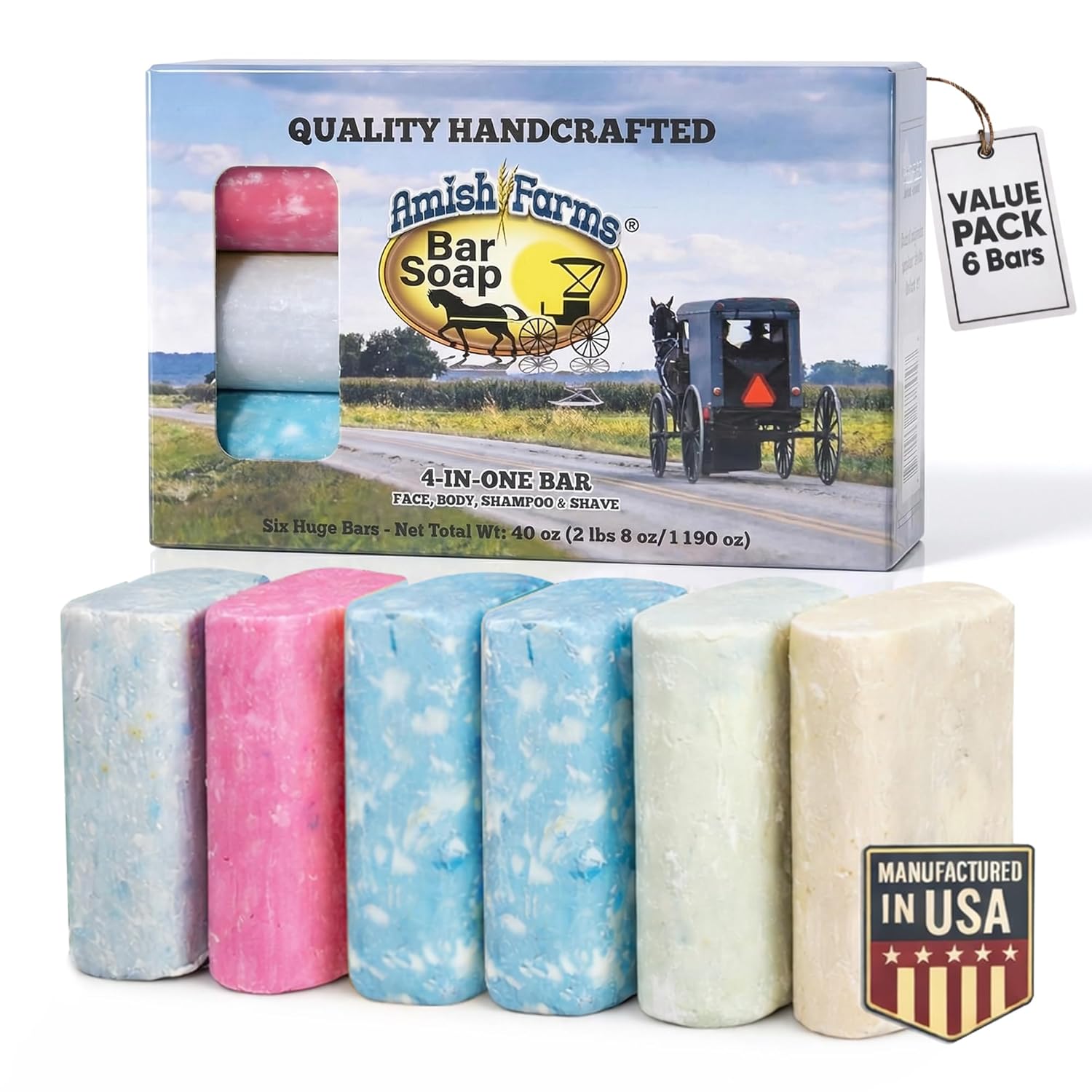 Amish Farms Bar Soap w/All Natural Bentonite Clay (6 Bars) Made in USA, Vegan Moisturizing for Sensitive Skin | Women & Mens Face & Body Bar Bath Soap for Shower | Clean Scent | 5 Ounce Each