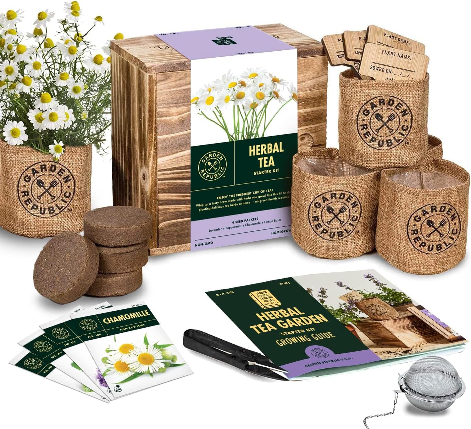Indoor Herb Garden Seed Starter Kit – Herbal Tea Growing Kits, Grow Medicinal Herbs Indoors, Seeds for Planting, Soil, Plant Markers, Pots, Infuser, Planter Box, Gardening Gifts for Women