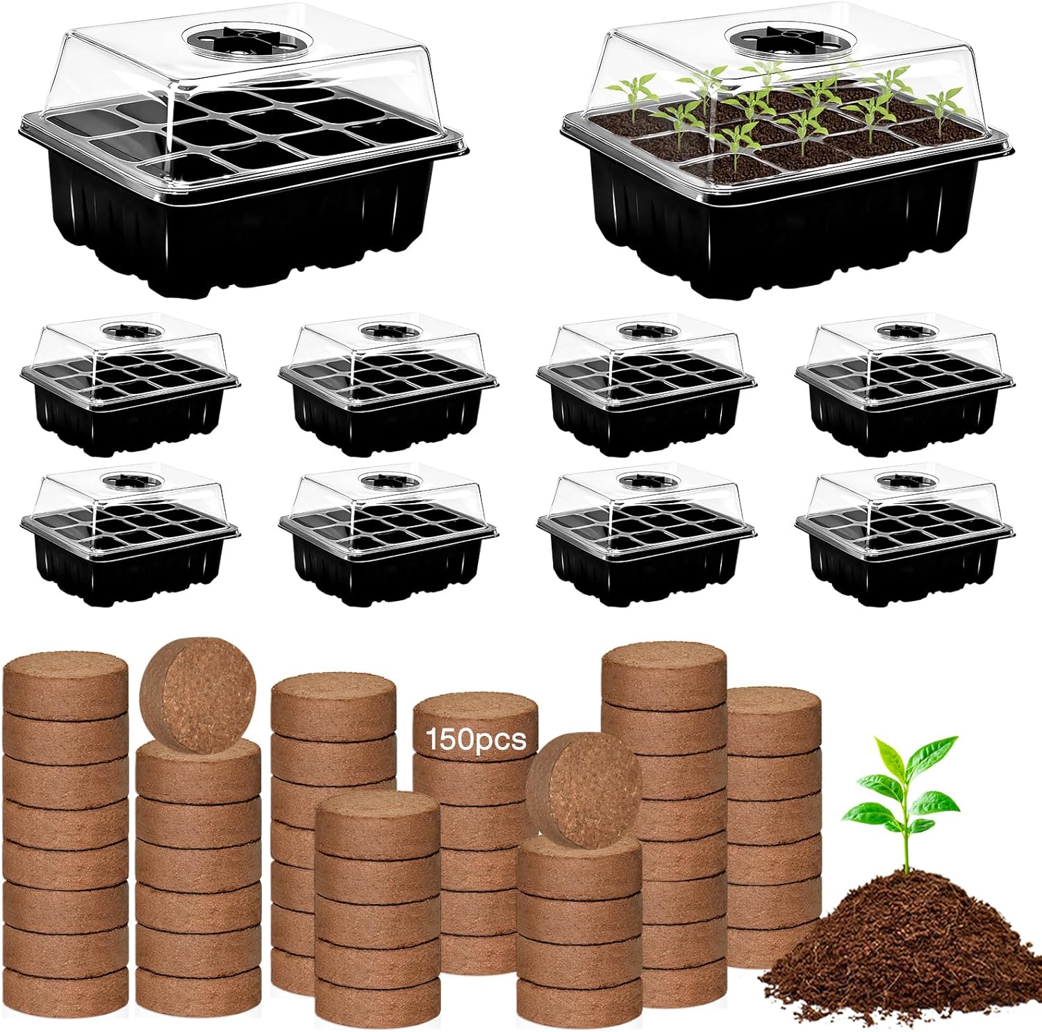 ZeeDix 10 Set Seed Starter Tray Kits, 10 Pack Seed Trays with 150 Pack Coco Coir Pellets, Adjustable Humidity Germination Tray with Dome Lids for Indoor Plants, Mini Greenhouse for Vegetables Garden