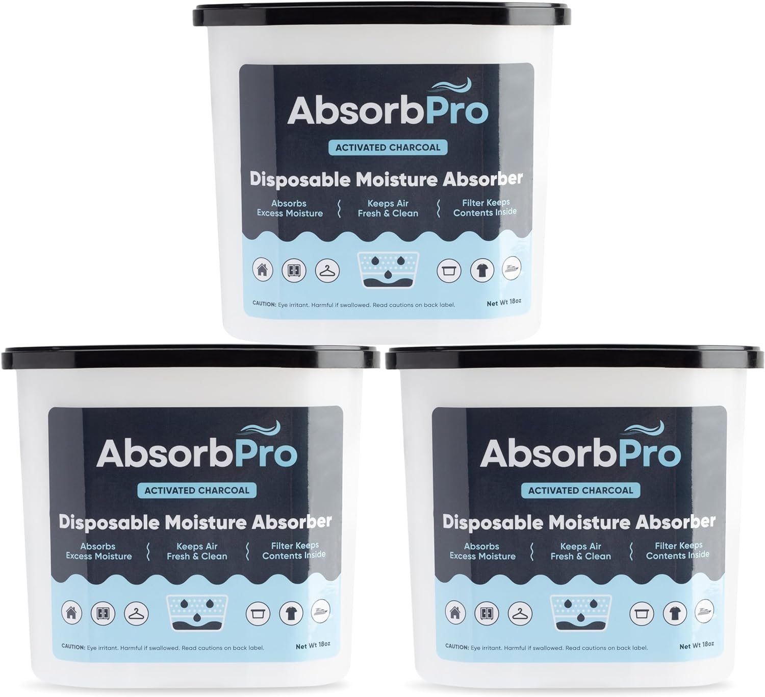 Absorb Pro – Moisture Absorber Tub with Activated Charcoal – 3-Pack – 18 oz Disposable Odor Eliminator Box & Dehumidifier for Garage, Home, Kitchen, Bedroom, Bathroom, Closet, Cars, and Boats