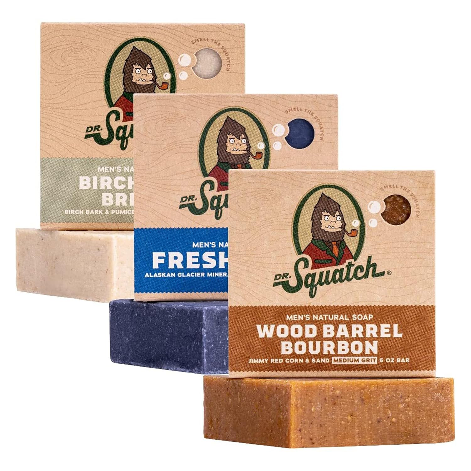 Dr. Squatch Natural Men’s Bar Soap – Cold Process Body Soap Bar with Natural Oils – Gifts for Men – Birchwood Breeze, Fresh Falls & Wood Barrel Bourbon (5 oz, 3-Pack)