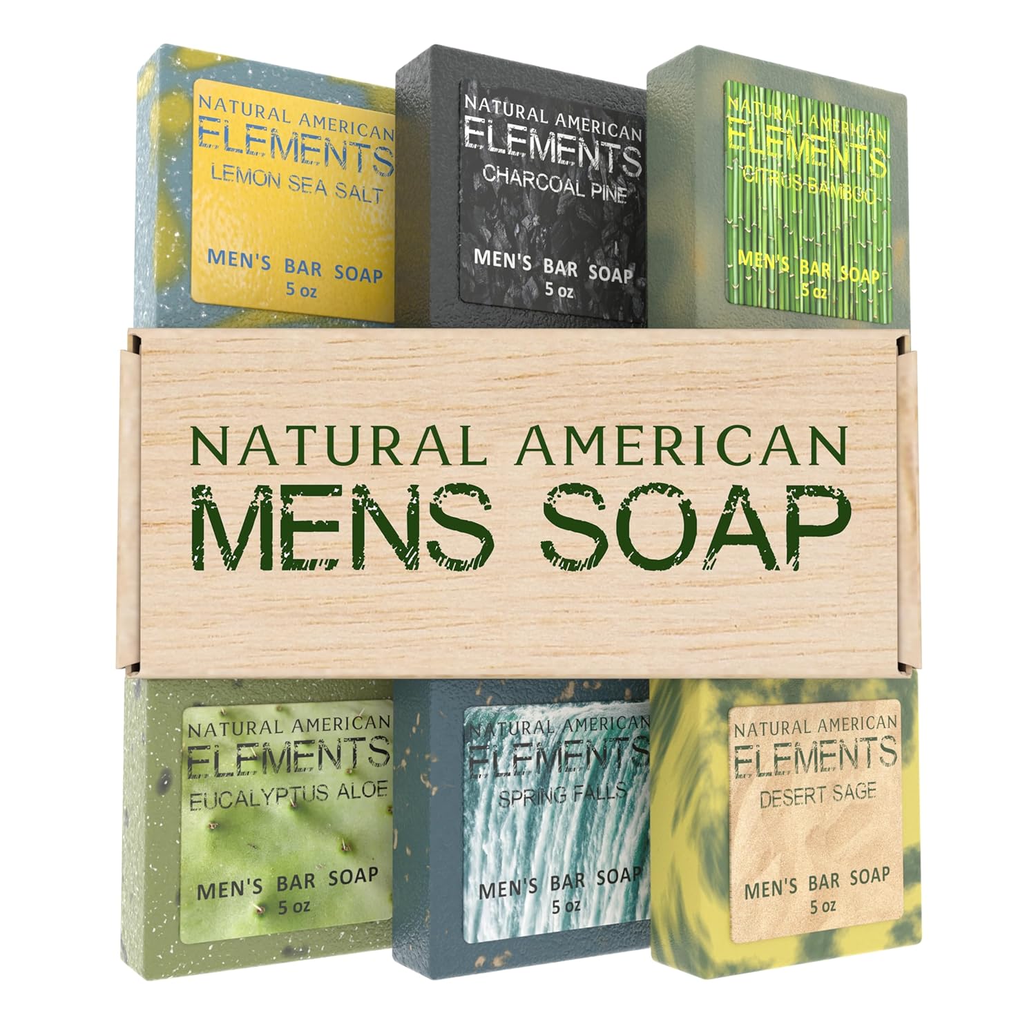 NATURAL AMERICAN ELEMENTS Mens Bar Soap – Masculine Scents, 100% Natural Soap for Men – Essential Oils, Organic Shea Butter – Made in USA, Man Body Wash – 5 oz (6pk)
