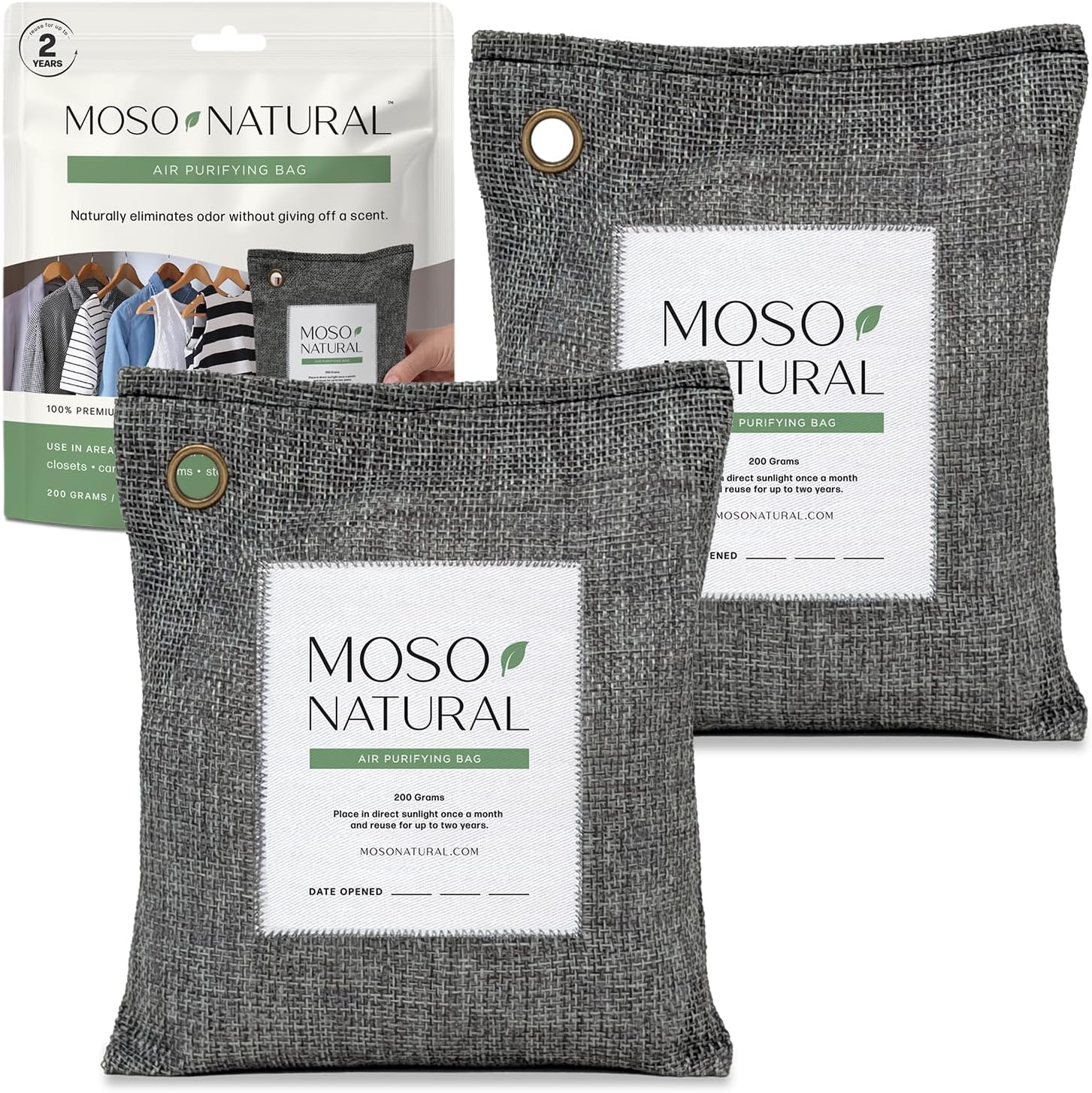 Moso Natural Air Purifying Bag 200g (2 Pack) HGTV Editor’s Pick | Premium Bamboo Charcoal Odor Absorber for Home & Car | Closet Odor Eliminator & Car Air Freshener | Long Lasting Charcoal Bags