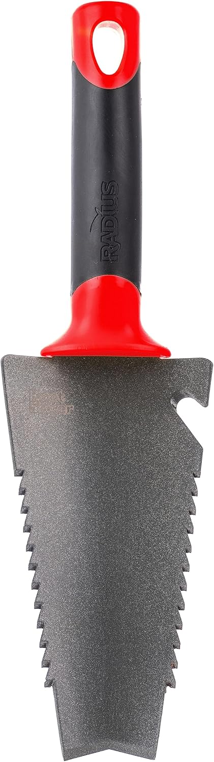 Root Slayer 16011 Garden Trowel with Serrated Blade for Digging and Root Cutting, Heavy Duty Steel Hand Tool, Red