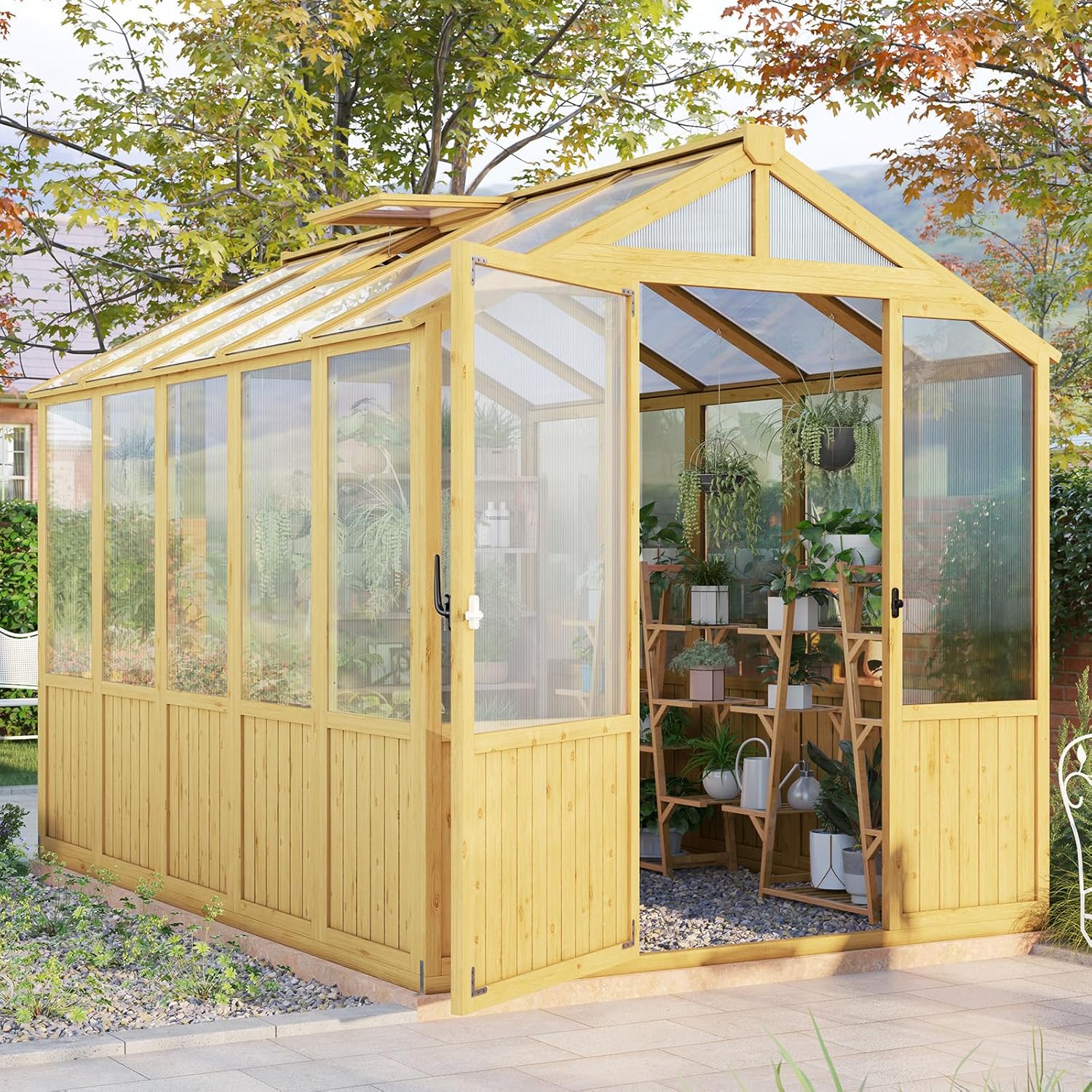 Jocisland 6x8x6.5 Ft Wooden Greenhouse, Pre-Assembled Solid Cedar Frame, Walk-in Design, Lockable Door, Adjustable Roof Vents, Polycarbonate Panels for Outdoor, Garden, Backyard