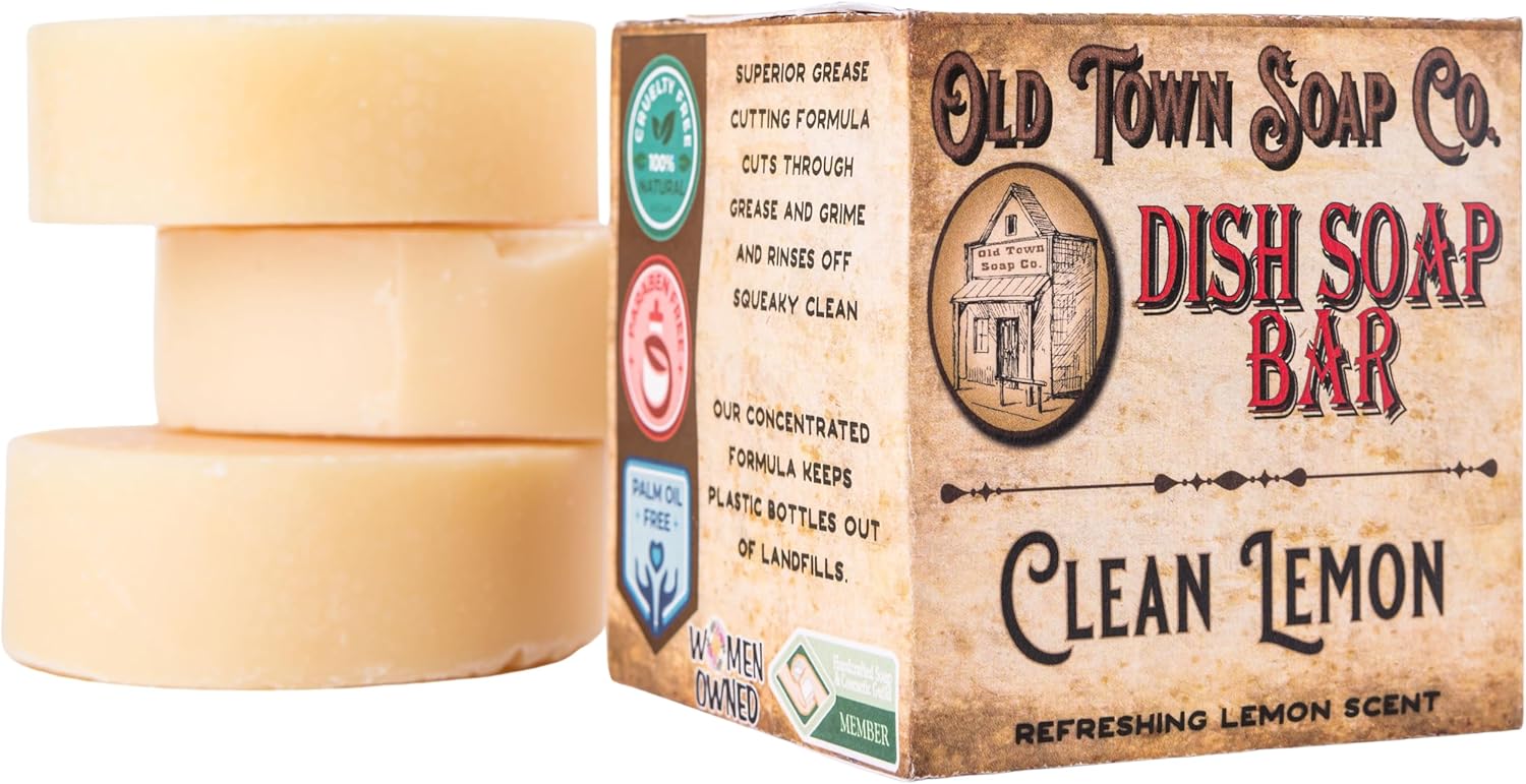 Old Town Soap Co. Lemon Dish Block Soap Bar – 3 Pack Natural Dish Soap Bar 4oz for Eco-Friendly Cleaning – Premium Dish Soap Block Alternative for Sustainable Kitchen | Made in USA
