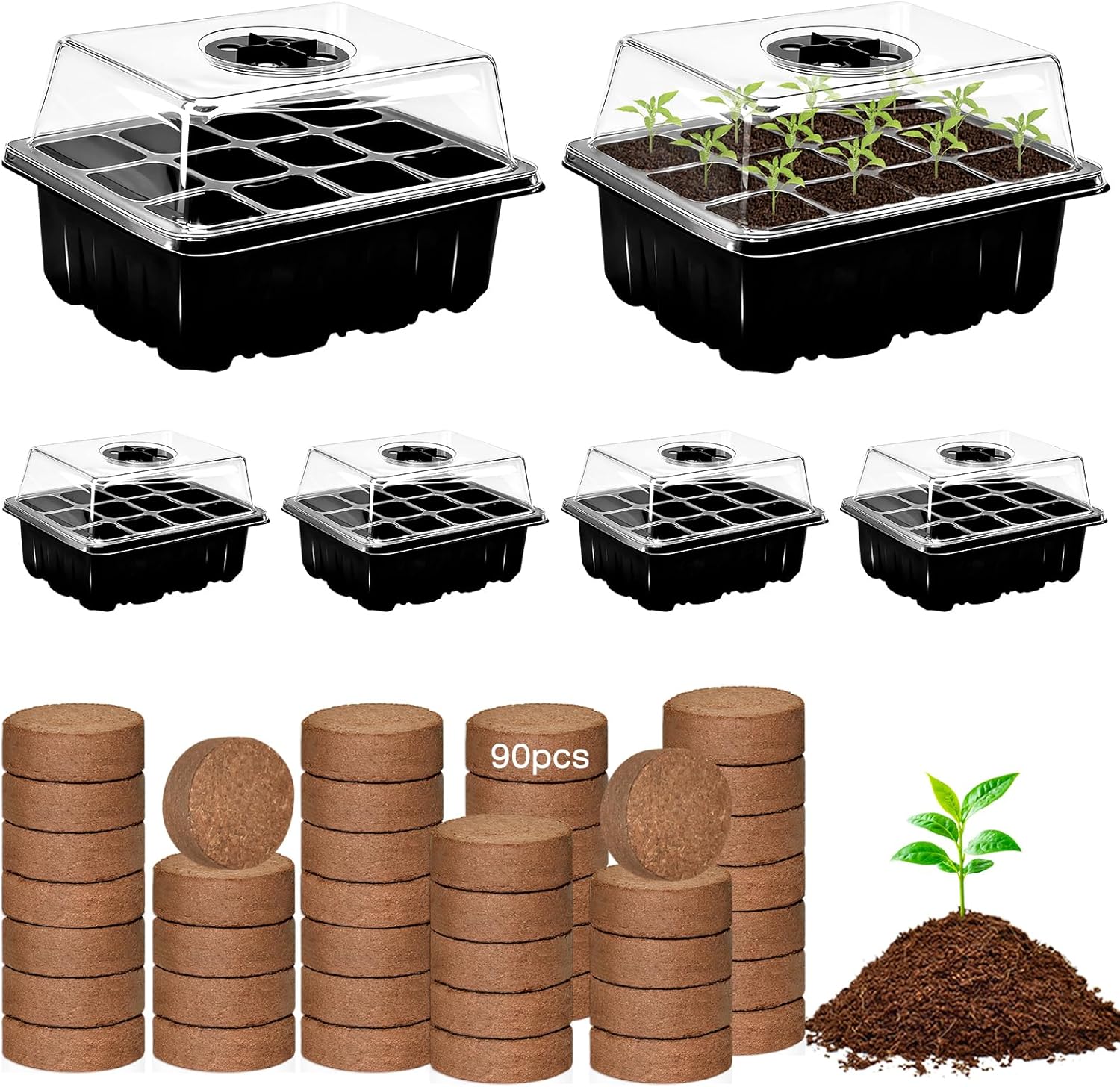 ZeeDix 6 Set Seed Starter Tray Kits, 6 Pack Seed Trays with 90 Pack Coco Coir Pellets, Adjustable Humidity Germination Tray with Dome Lids for Indoor Plants, Mini Greenhouse for Vegetables Garden