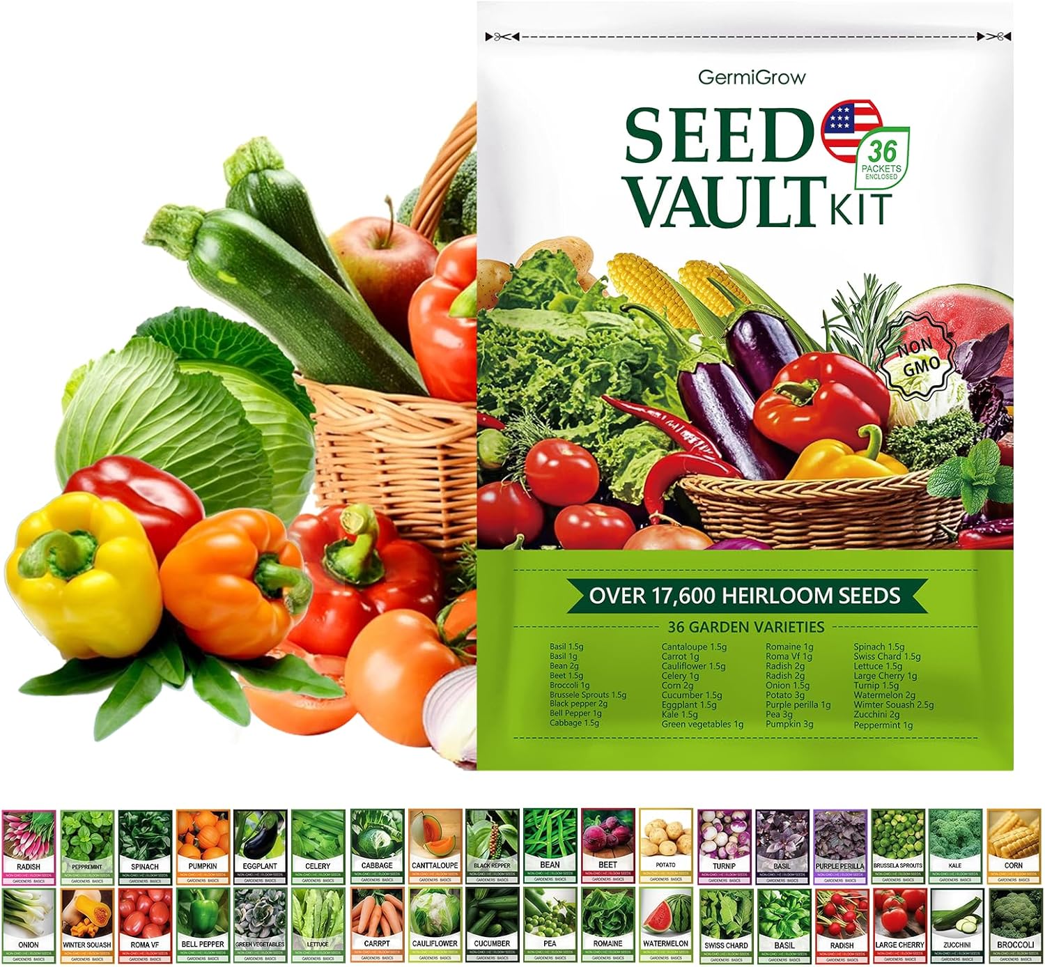 GermiGrow Survival Vegetable Seeds Vault Kit – 36 Heirloom Varieties, 17,600+ Non-GMO Vegetable Seeds for Planting Indoor/Outdoor & Hydroponic Gardening, Survival Gear & Emergency Seeds