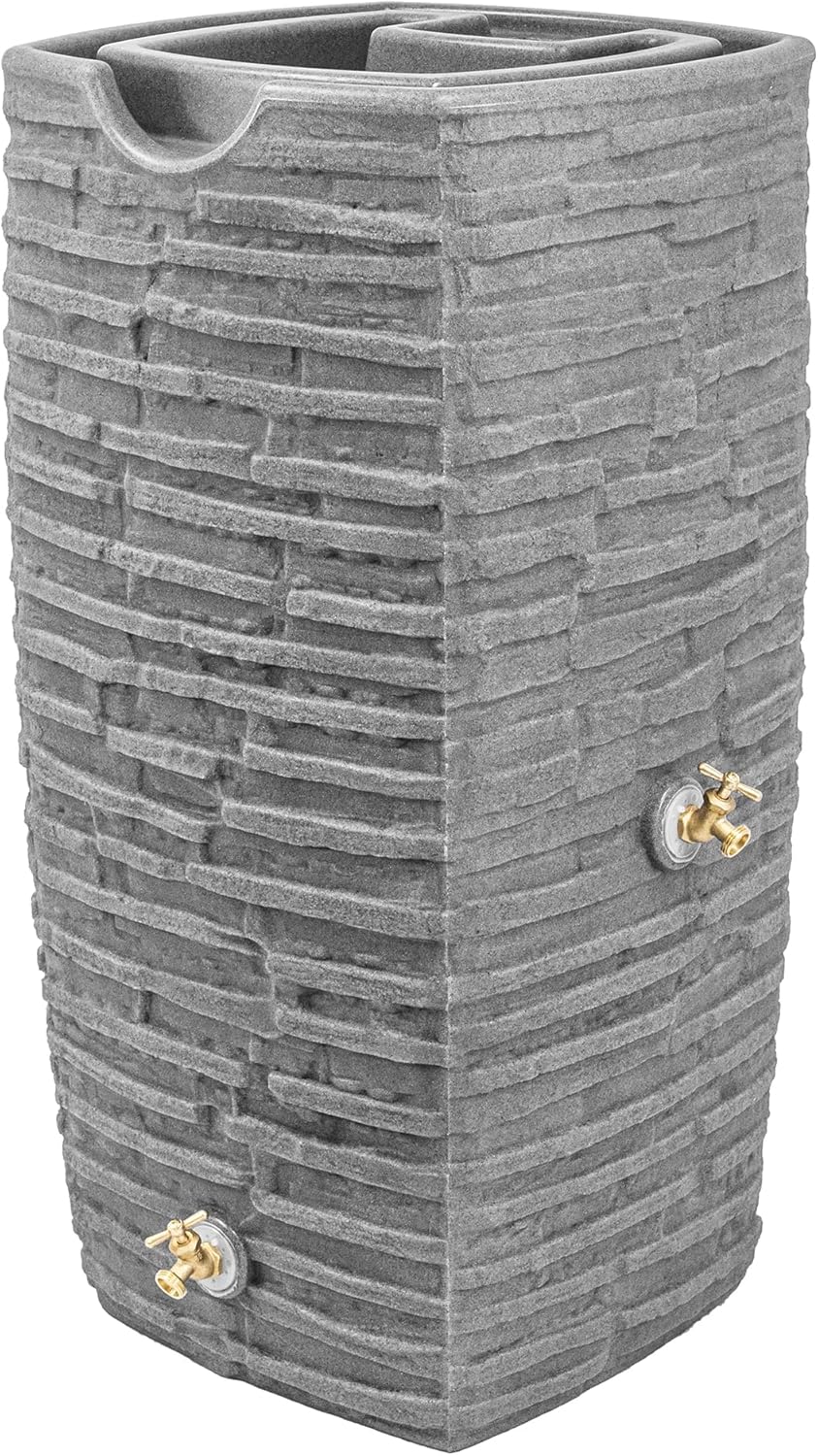 Good Ideas Impressions Riverwalk Rain Water Collection Barrel, Dark Granite, 50 Gallon – Faux Slate Rock Rainwater Catcher, Plastic Storage Drum with Dual Robust Metal Spigots & Fine Mesh Screen
