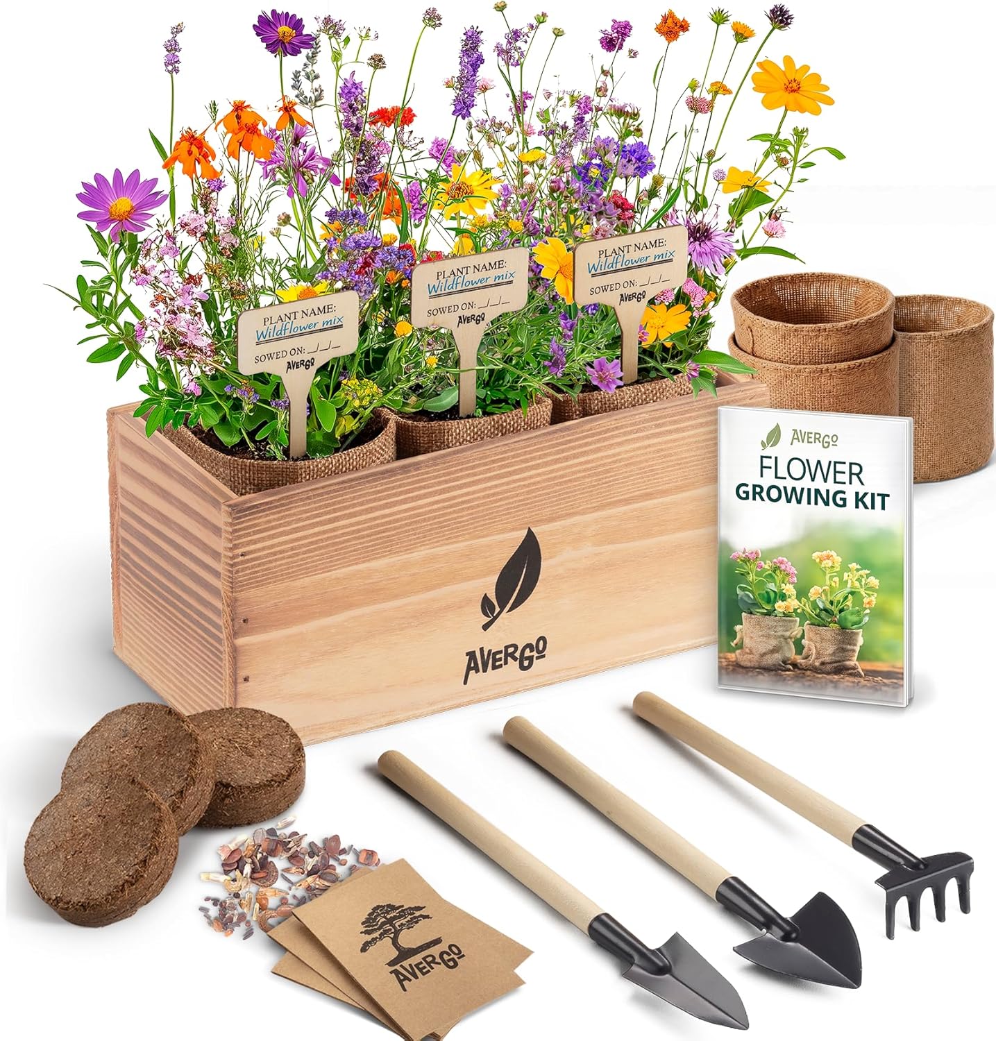 AVERGO Wildflower Seed Mix Growing Kit – Perennial Wild Flowers | Ideal Gift – Also Includes Planters, Soil, Wooden Box, and Gardening Tools for Indoor Garden and Patio Planting