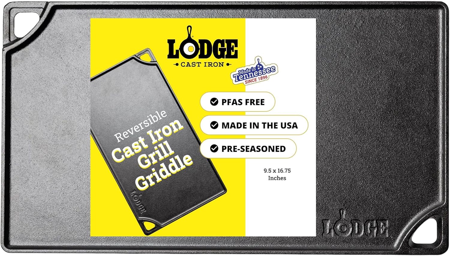 Lodge Double Play Reversible Cast Iron Grill/Griddle – Dual-Sided with Double Burner Configuration for Eggs, Pancakes, Burgers & More – Seasoned, Non-Toxic Cookware – Heavy-Duty Grill Pan – Black