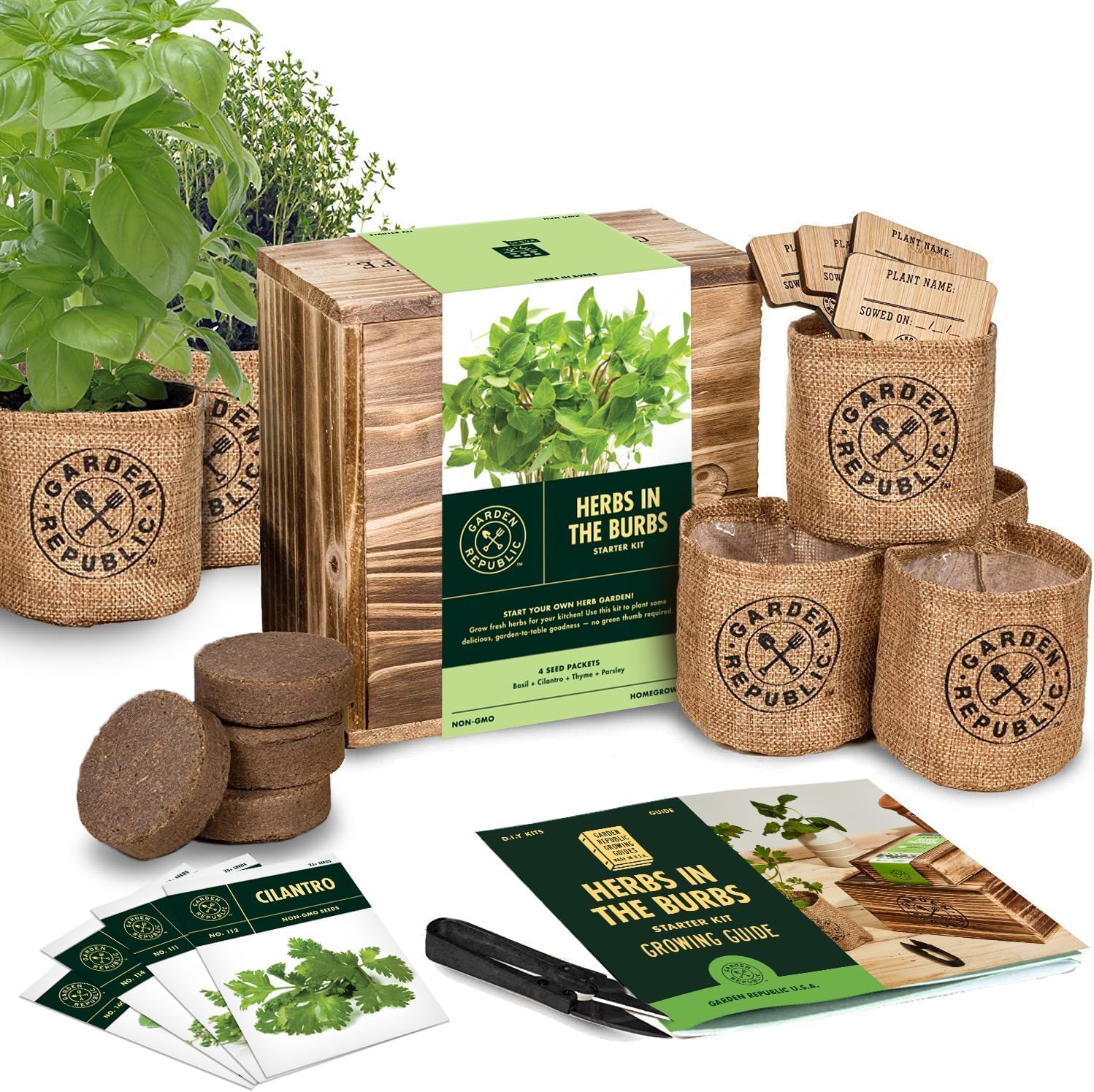 Indoor Herb Garden Starter Kit – Heirloom, Non-GMO Herb Seeds – Basil Thyme Parsley Cilantro Seed, Potting Soil, Pots, Scissors – DIY Grow Kits for Growing Herbs Indoors, Kitchen, Balcony, Window Sill