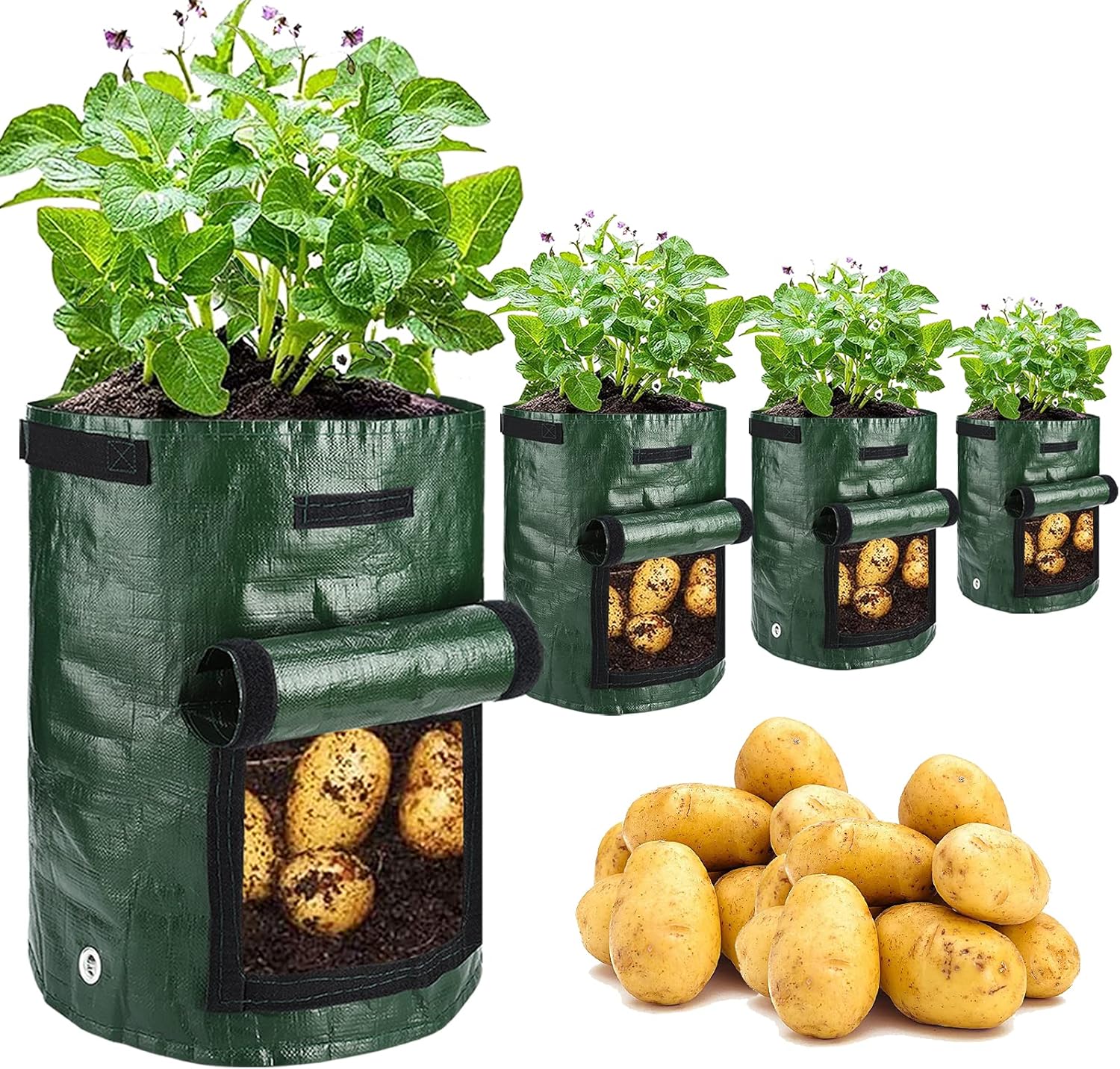 JJGoo Potato Grow Bags, 4 Pack 10 Gallon with Flap and Handles Planter Pots for Onion, Fruits, Tomato, Carrot – Green