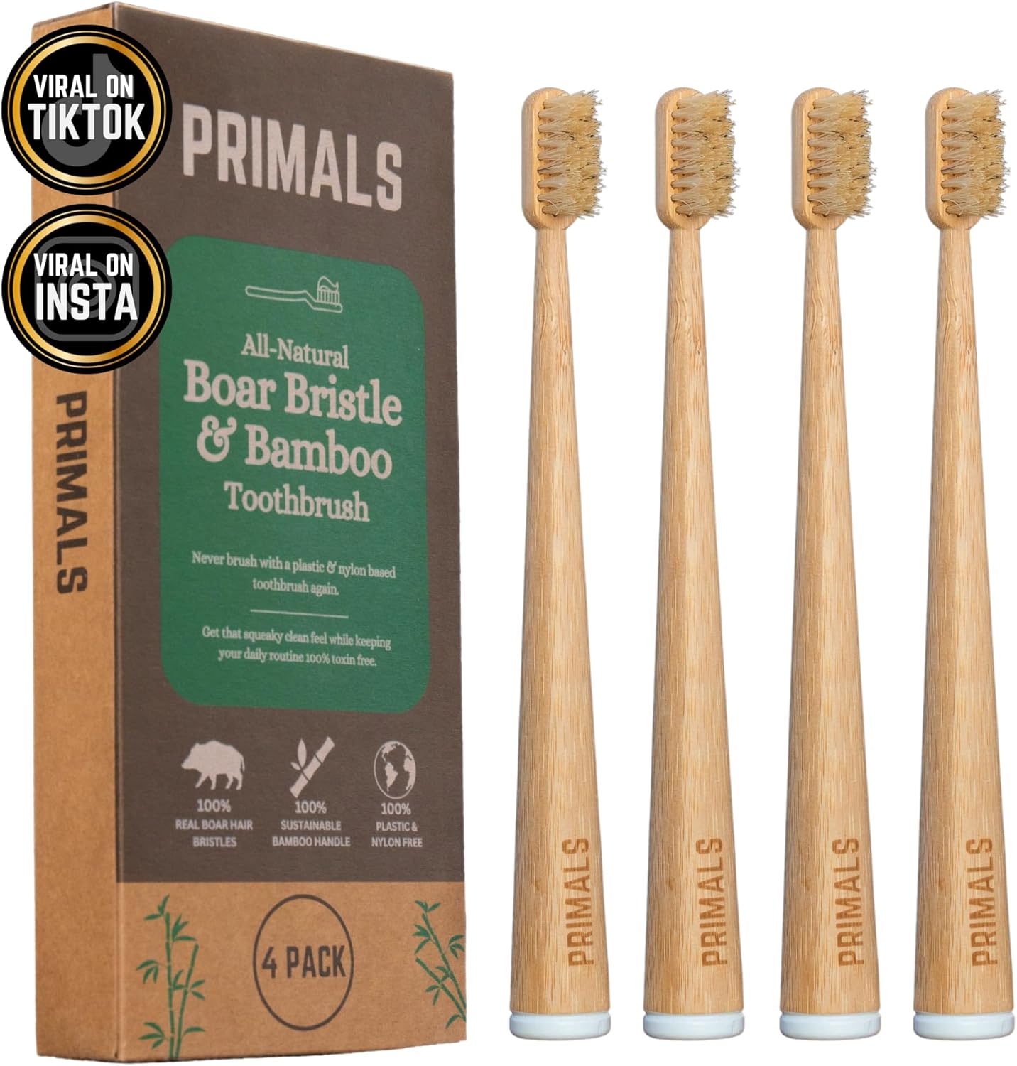 PRIMALS Boar Bristle & Bamboo Toothbrush (4-Pack) – Premium Boar Bristles – Fully Biodegradable – Plastic & Nylon Free – Quick Dry Design