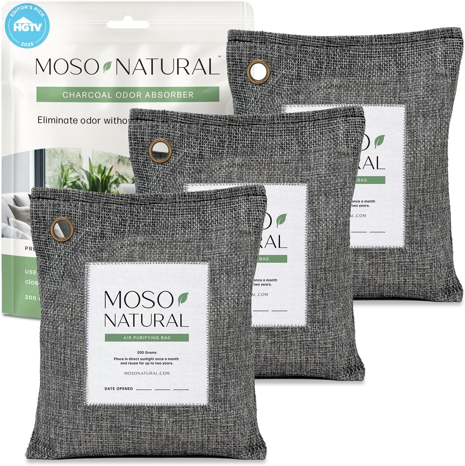Moso Natural Air Purifying Bag 200g (3 Pack) HGTV Editor’s Pick | Premium Bamboo Charcoal Odor Absorber for Home & Car | Closet Odor Eliminator & Car Air Freshener | Long Lasting Charcoal Bags