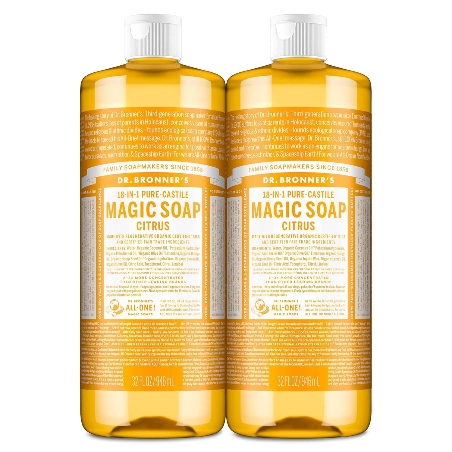 Dr. Bronner’s Magic Soap-Pure-Castile Liquid Soap (Citrus, 32oz, 2-Pack)-Regenerative Organic Certified Oils, 18-in-1 Uses: Body, Hair, Laundry, Pets & Dishes, Concentrated, Vegan, Non-GMO