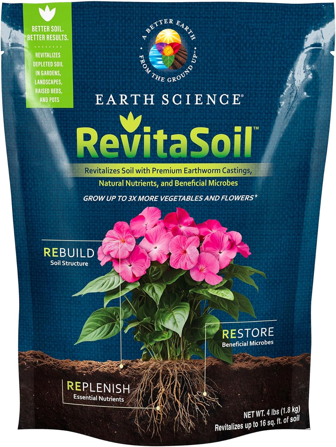 Earth Science RevitaSoil, 4 lb – Organic Soil Revitalizer – Earthworm Castings (Worm Castings) Plus Natural Nutrients & Biology – Grow 3X More, Amendment for Gardens, Potted Plants, Raised Garden Beds