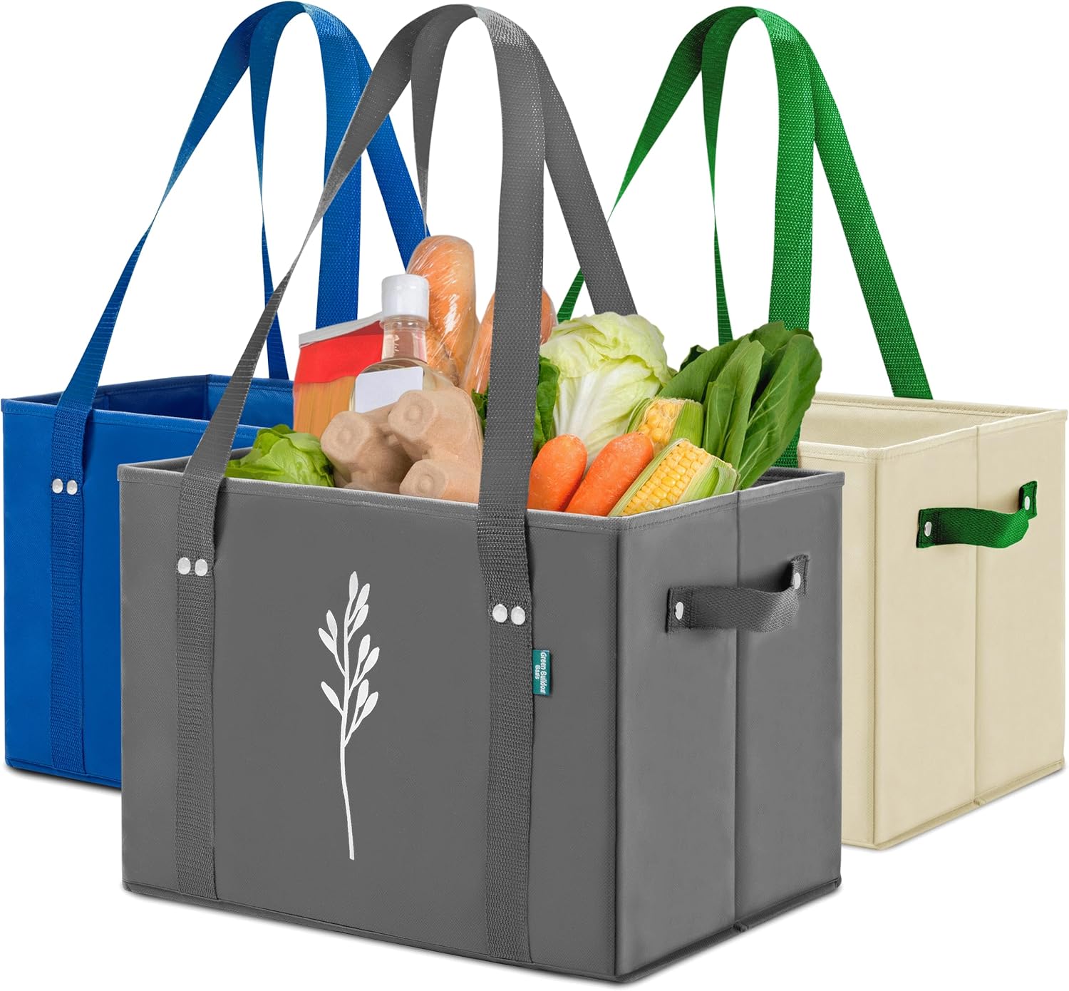 Green Bulldog Reusable Grocery Bags – Heavy Duty Reusable Shopping Tote Bags W/Long Handles, Foldable & Collapsible, Holds Up to 65 lbs – for Kitchen, Picnic 3 Pack