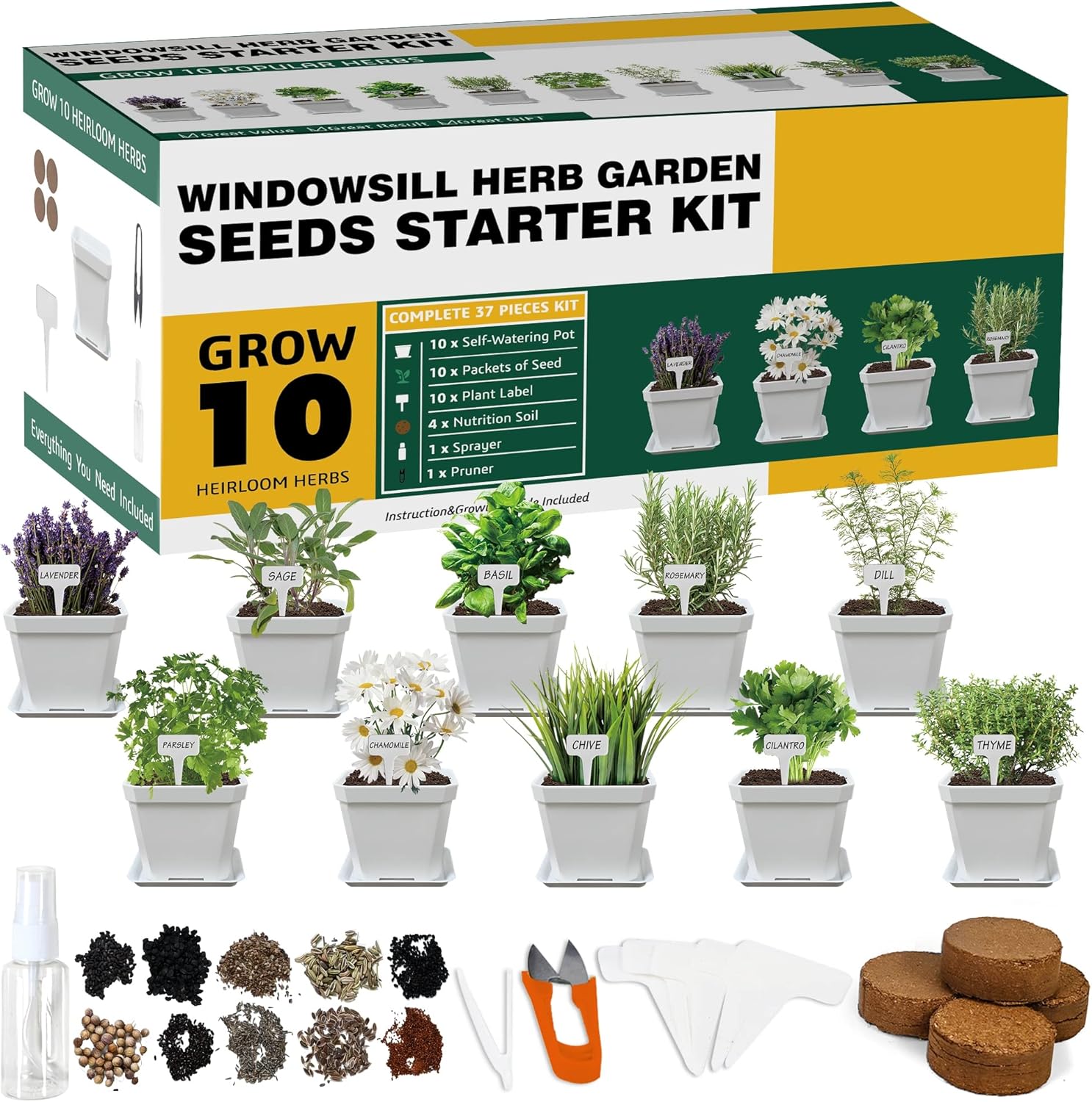 Meekear 10 Herb Seeds Garden Starter Grow Kit with White Pots, Markers, Nutritional Soil, Watering, Herb Clipper, Complete Indoor Potted Plant Growing Set for Kitchen DIY