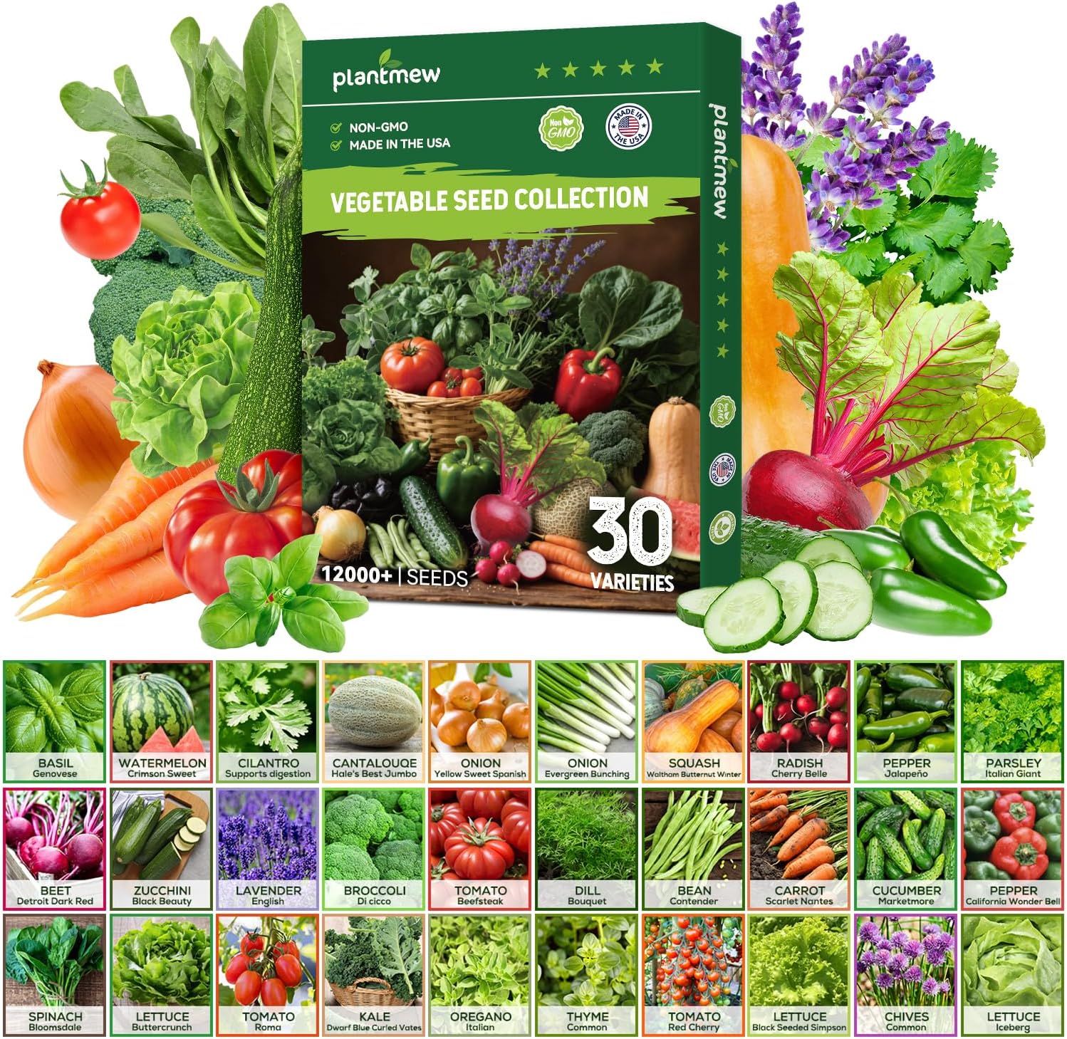 30 Heirloom Vegetable Seeds for Planting, 12,000+ Garden Seeds – Non-GMO Vegetable, Herb, Fruit Seeds – Survival Seed Vault with Tomato, Basil, Lettuce, Bean, Pepper, Squash and More