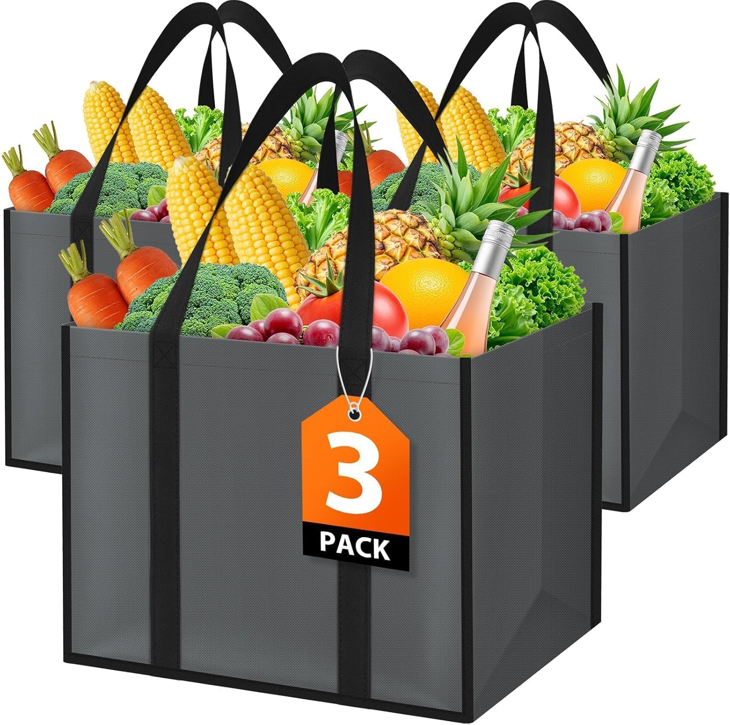 WISELIFE Reusable Grocery Bags with Handles – 3 Pack, 35L Large Shopping Bags for Groceries, Water-Resistant & Foldable Grocery Totes for Lasting Use for Kitchen, Market, Car Trunk, Picnic (Gray)
